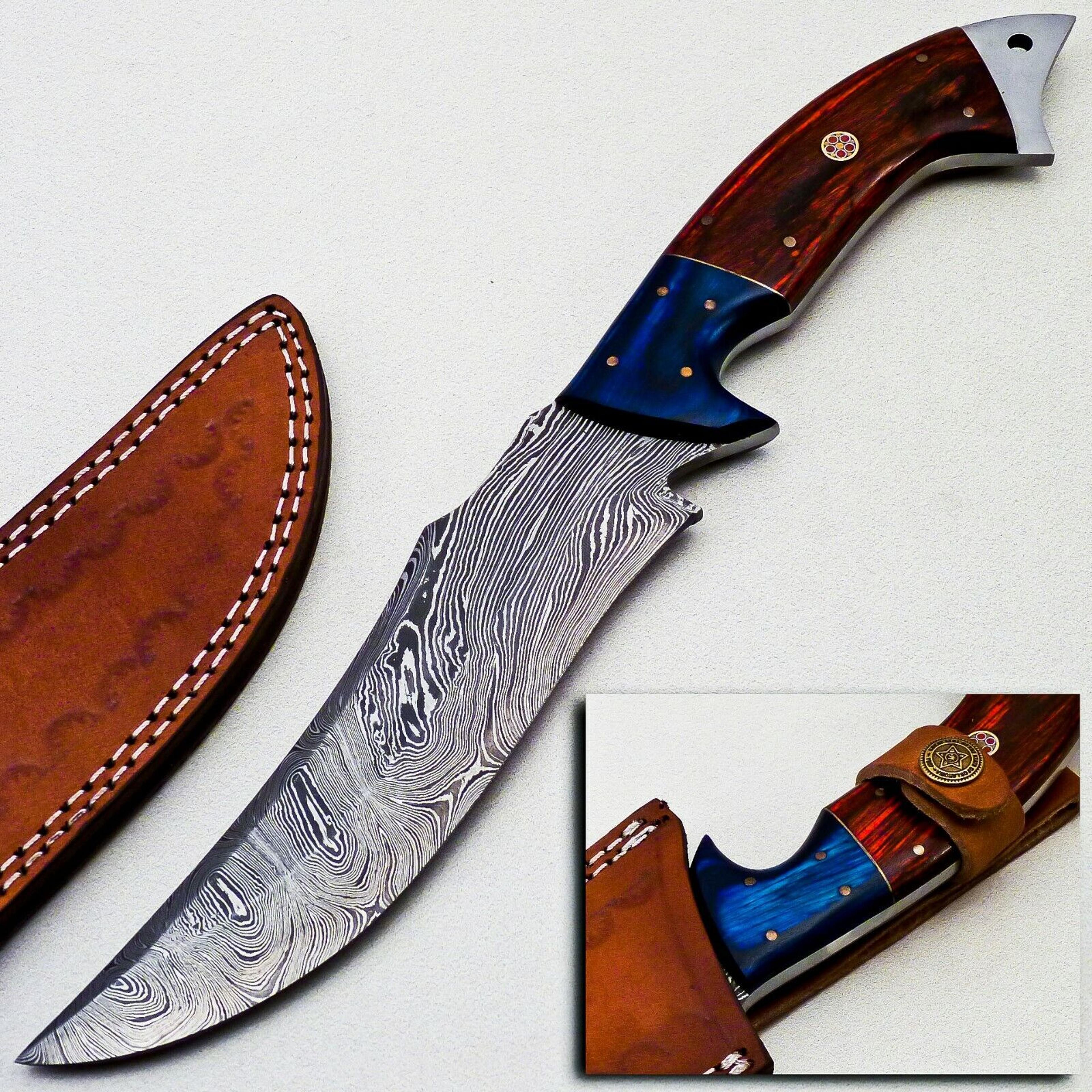 custom handmade damascus steel hunting/bowie/dagger knife handle rose wood