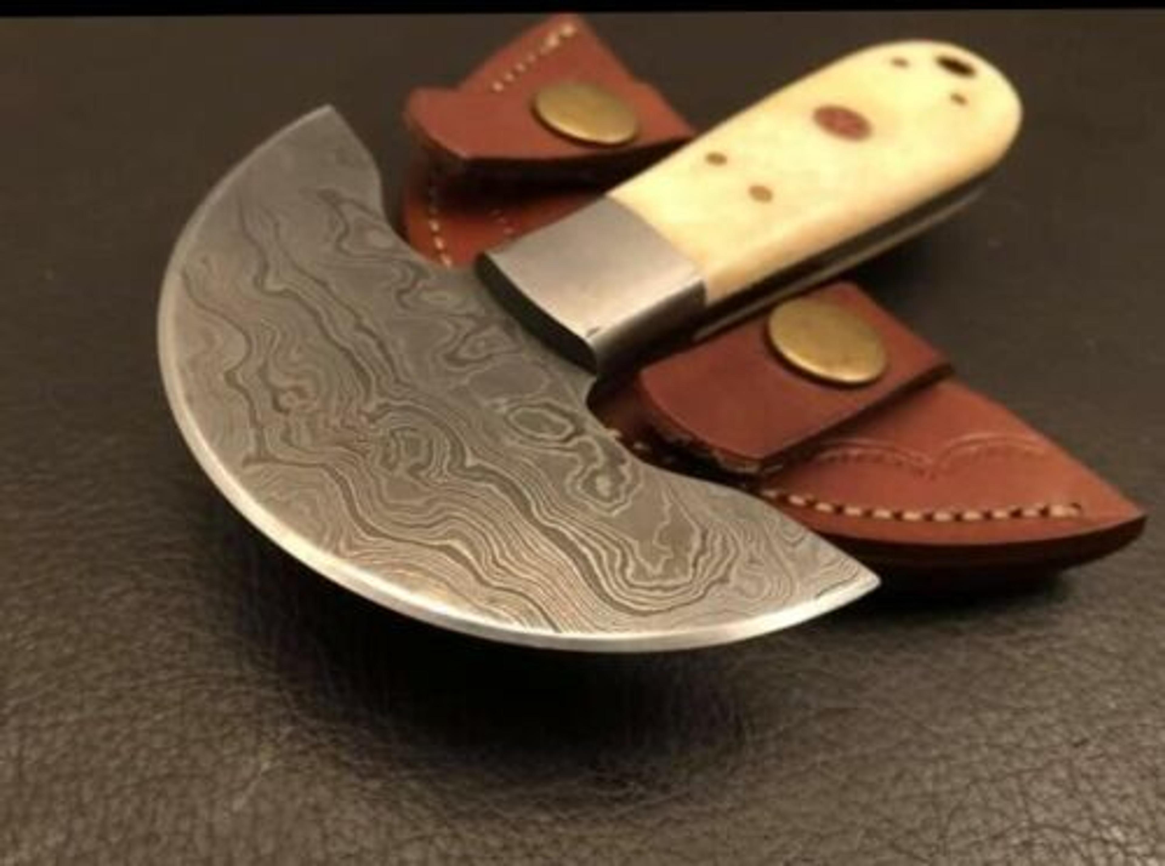 custom handmade forge damascus steel half moon leather cutting knife