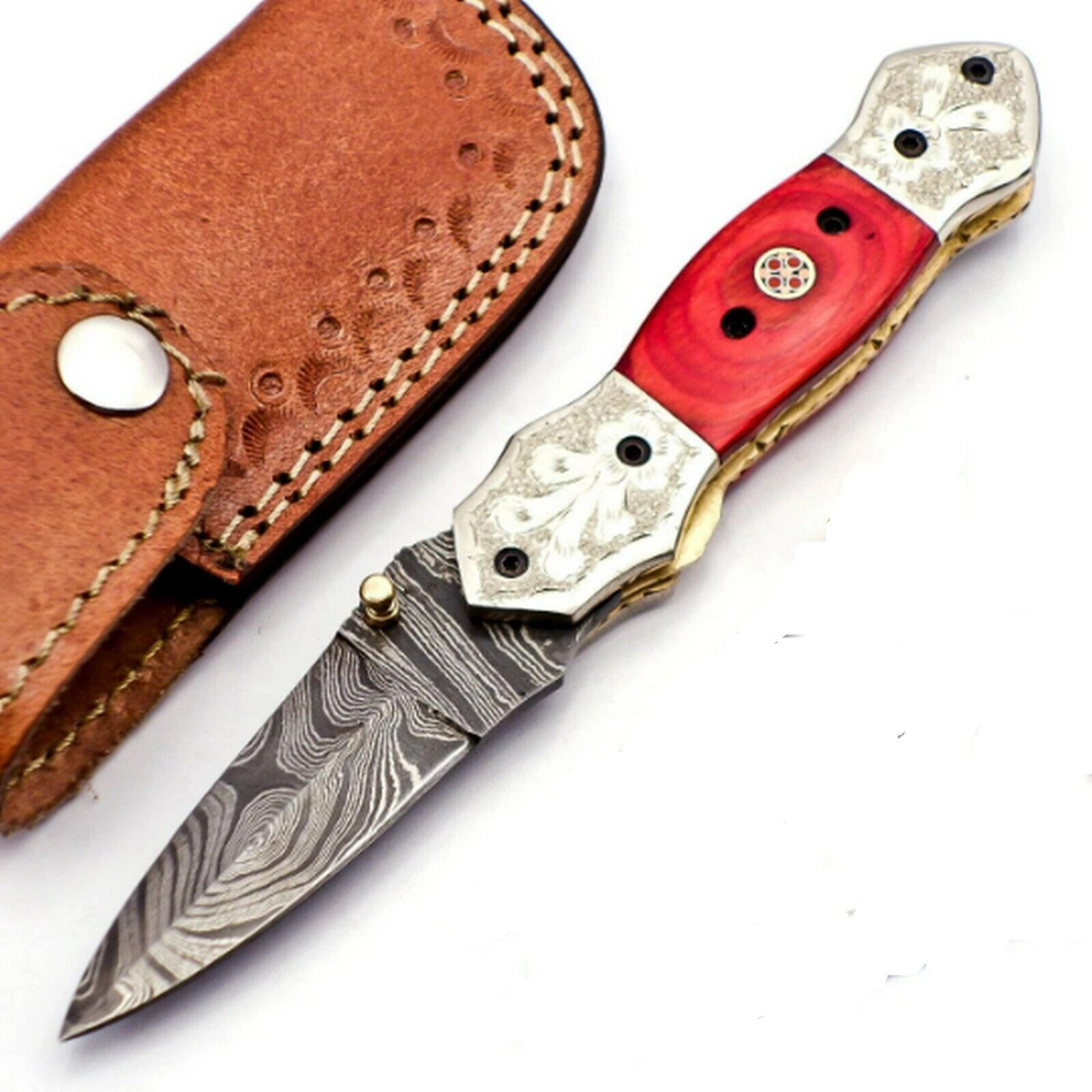 8" custom pocket folding knife handmade damascus steel hand forged hunting knife