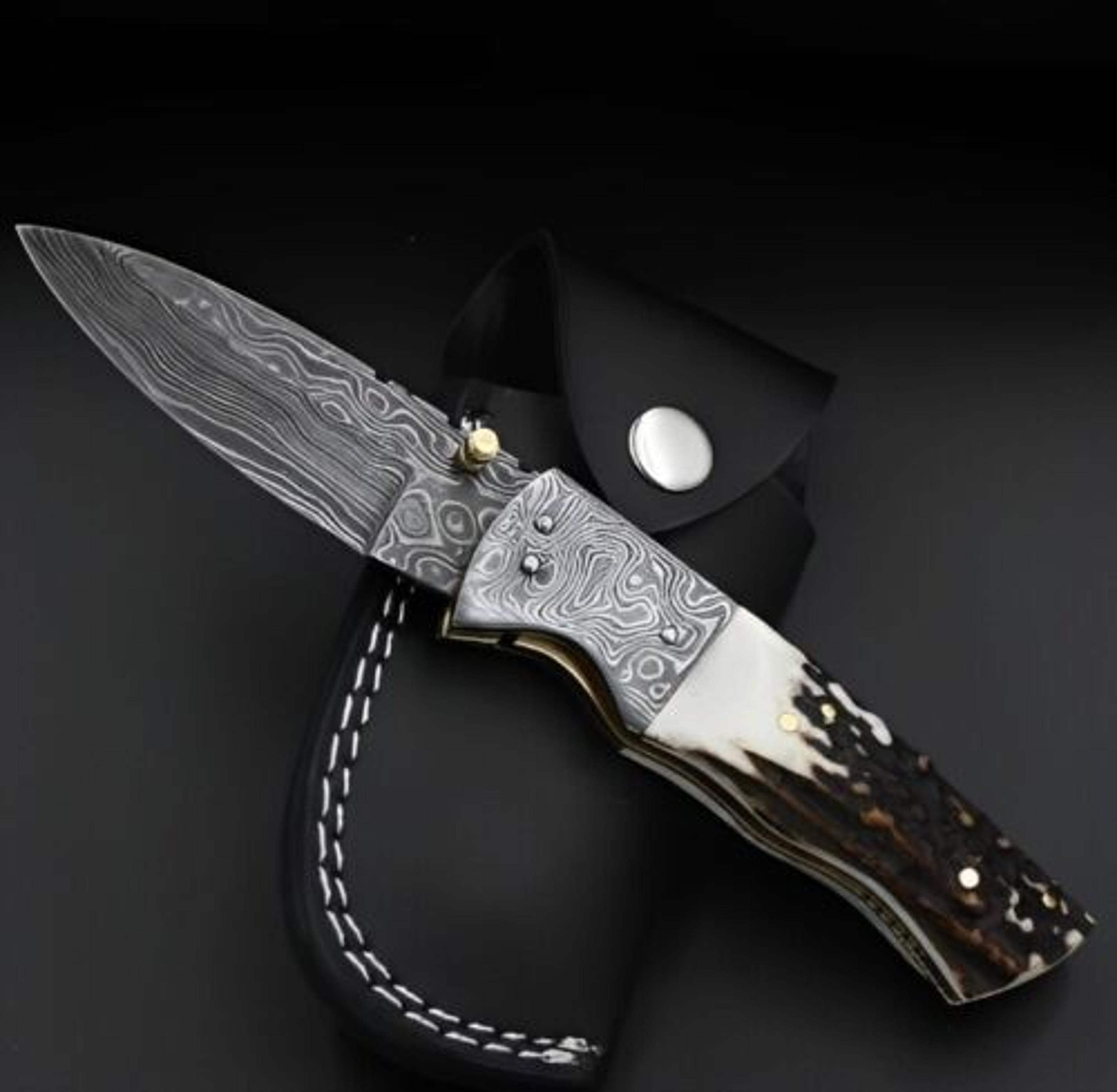 hand made folding knife , marvelous custom made damascus steel pocket knife