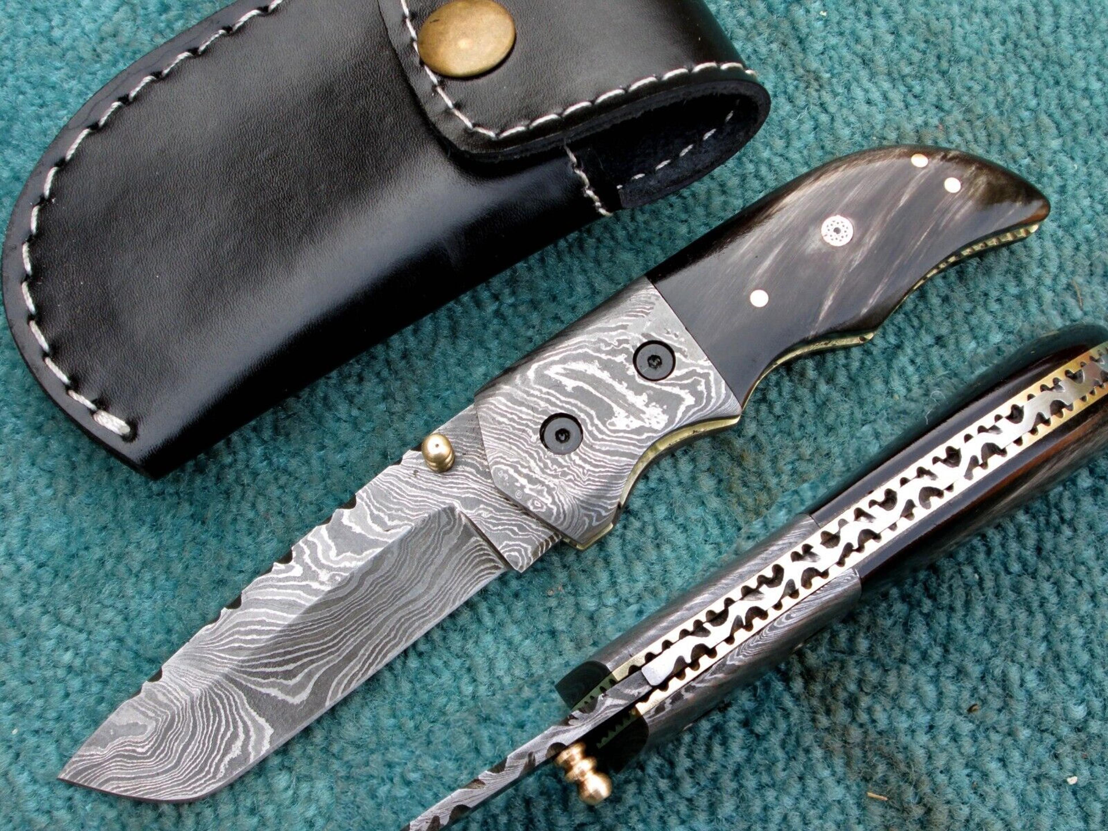 stunning damascus steel folding knife , hand made custom made pocket knife