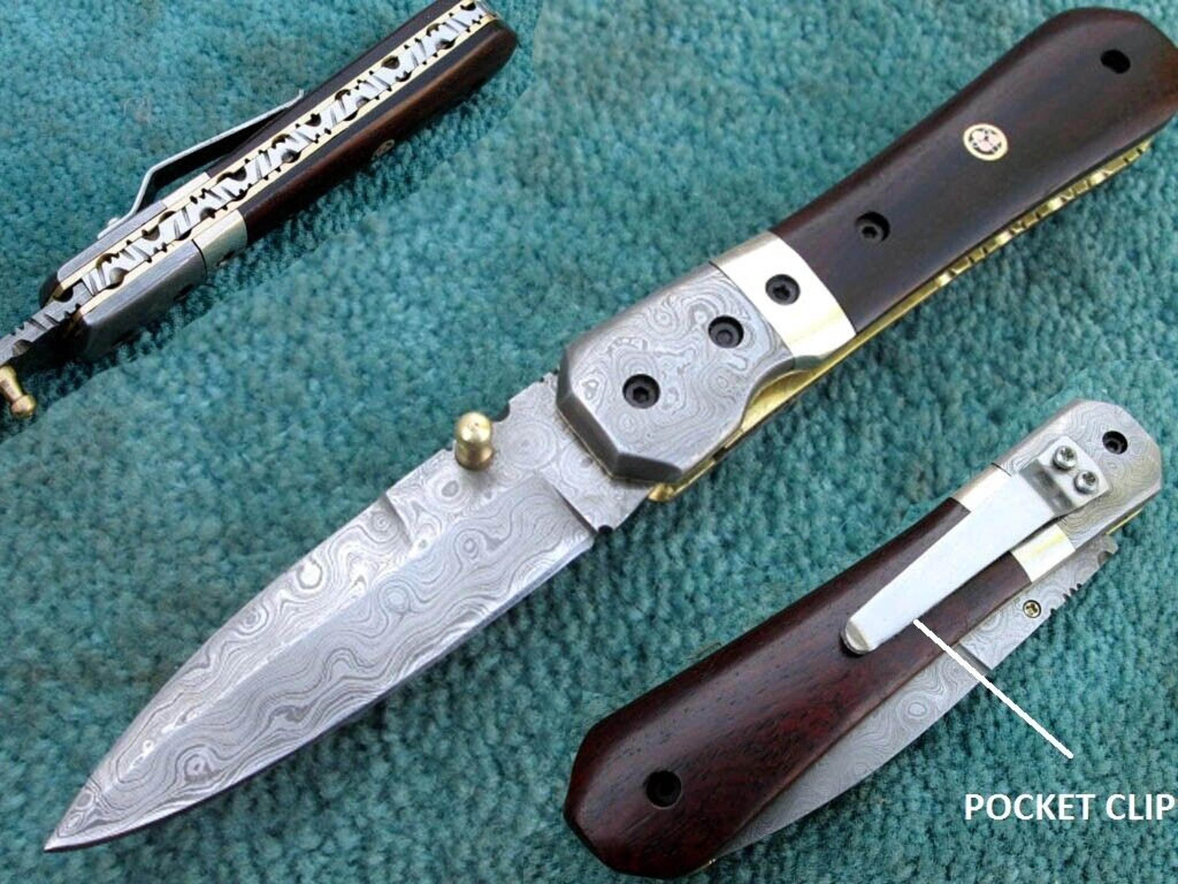 superb hand made folding knife , custom made damascus steel pocket knife