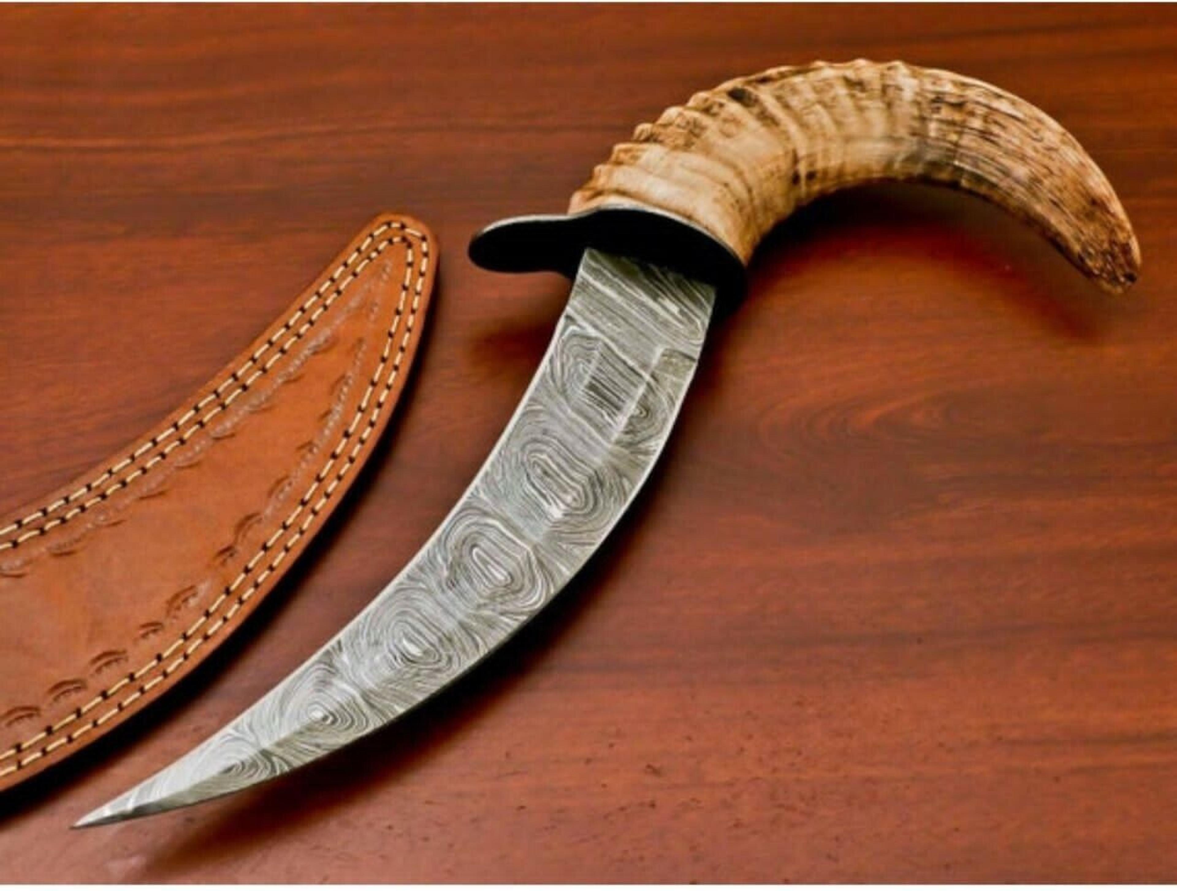 wolf forge custom hand forged damascus hunting knife with vintage ram horn