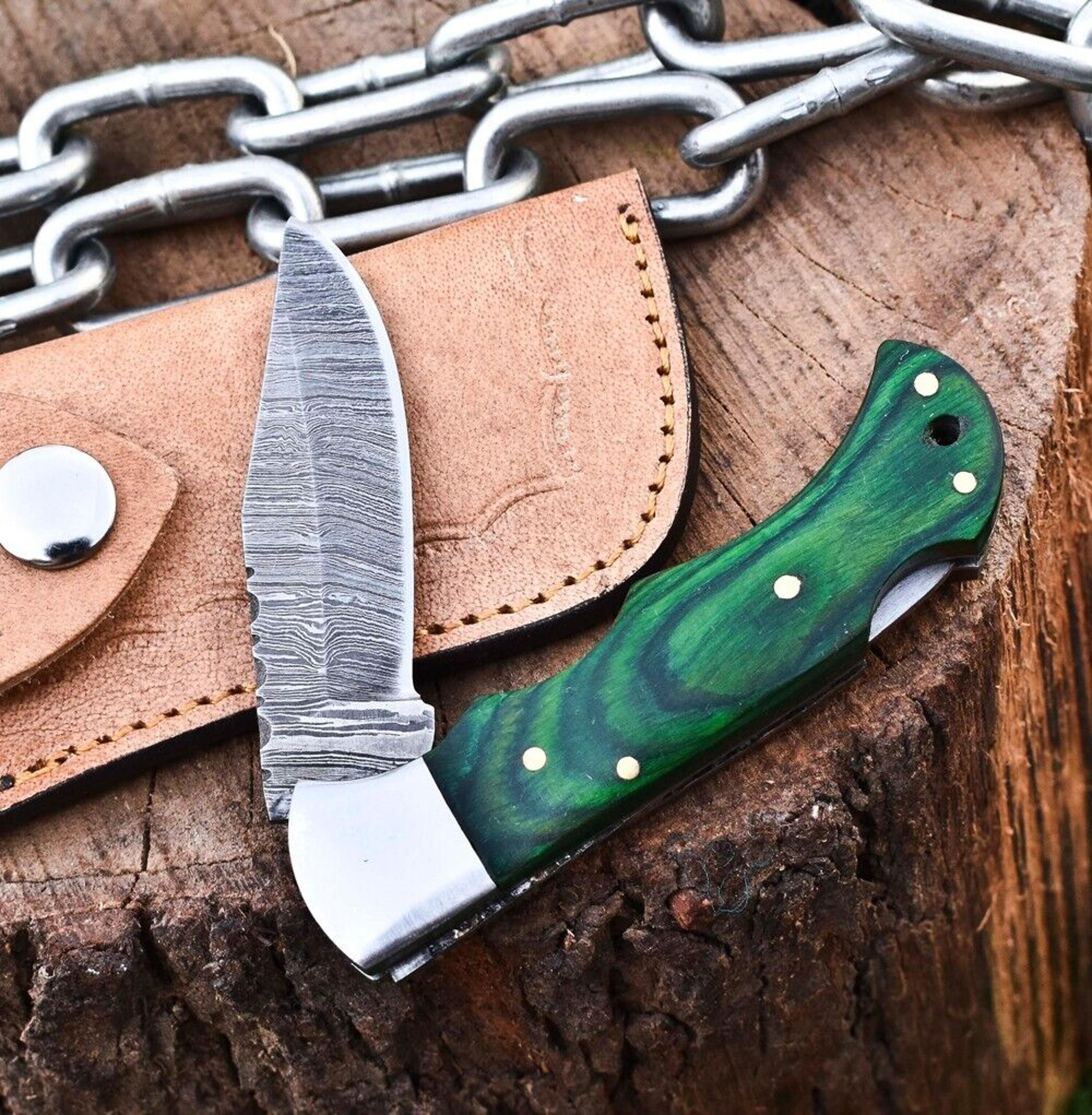 handmade damascus steel blade back-lock wood pocket usa folding knife edc sheath