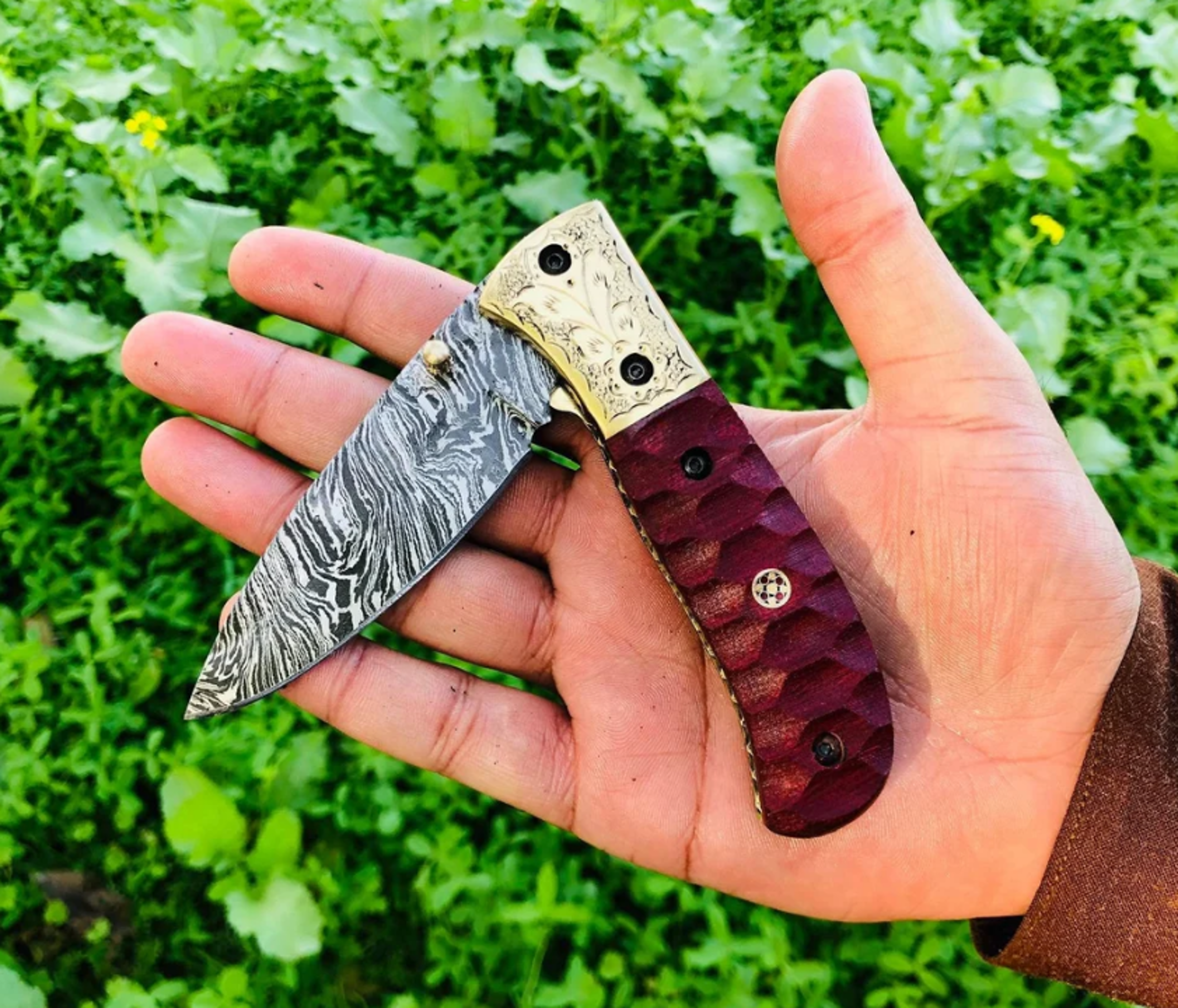 8.0" custom handmade damascus steel folding pocket knife with red wood handle