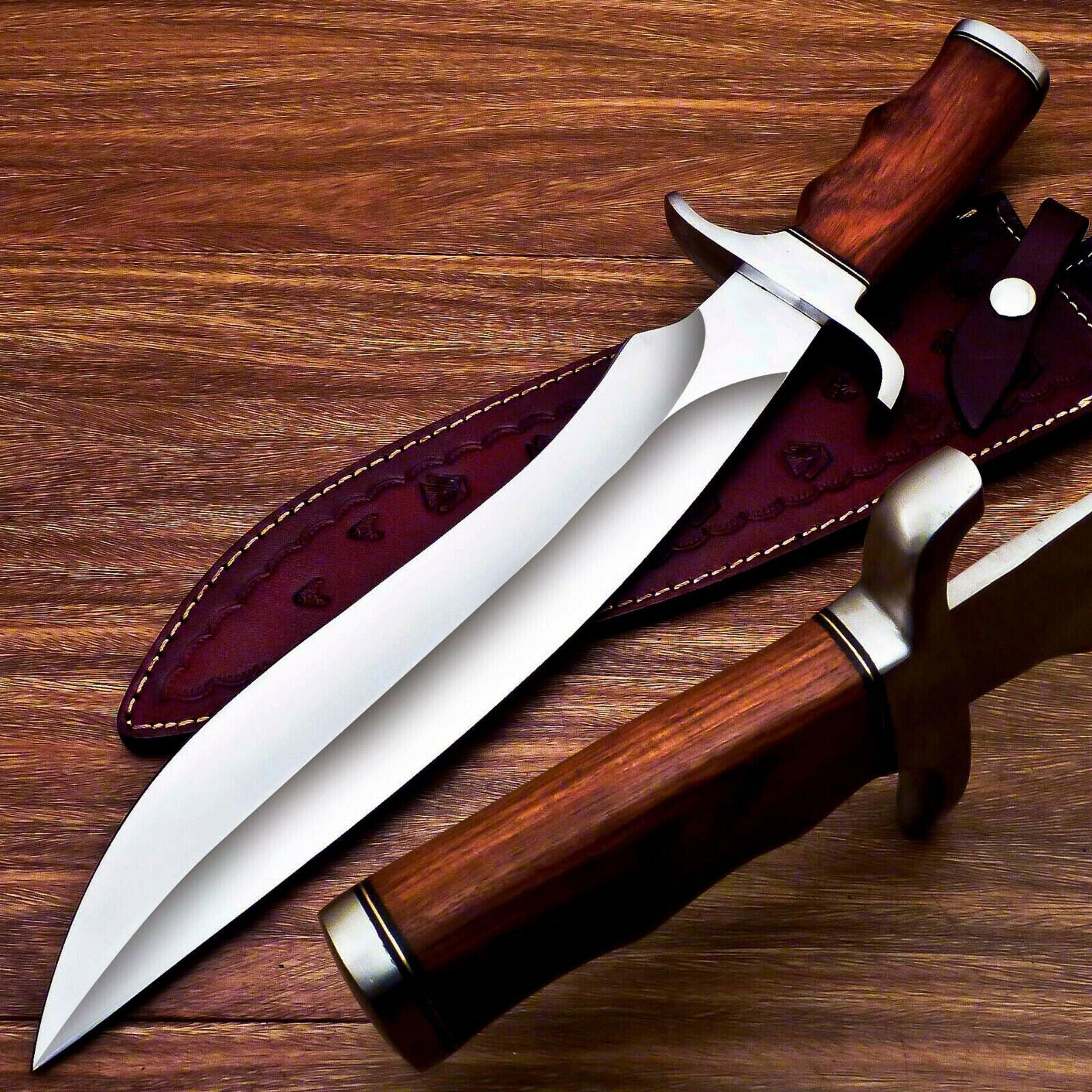 unique custom handmade d2 steel blade bowie hunting knife - natural wood handle