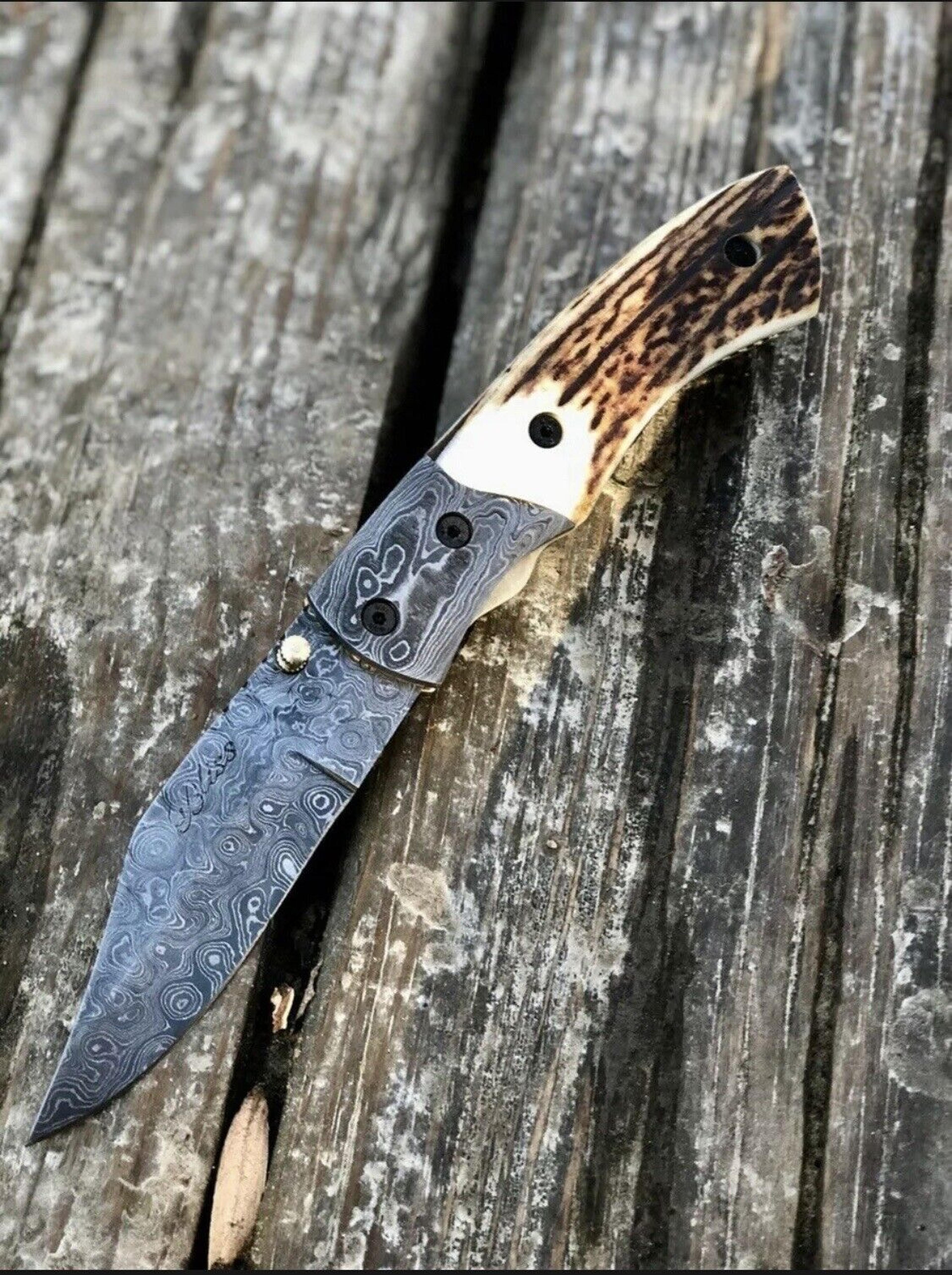 custom handmade damascus steel pocket knife folding blade / hunting / camping