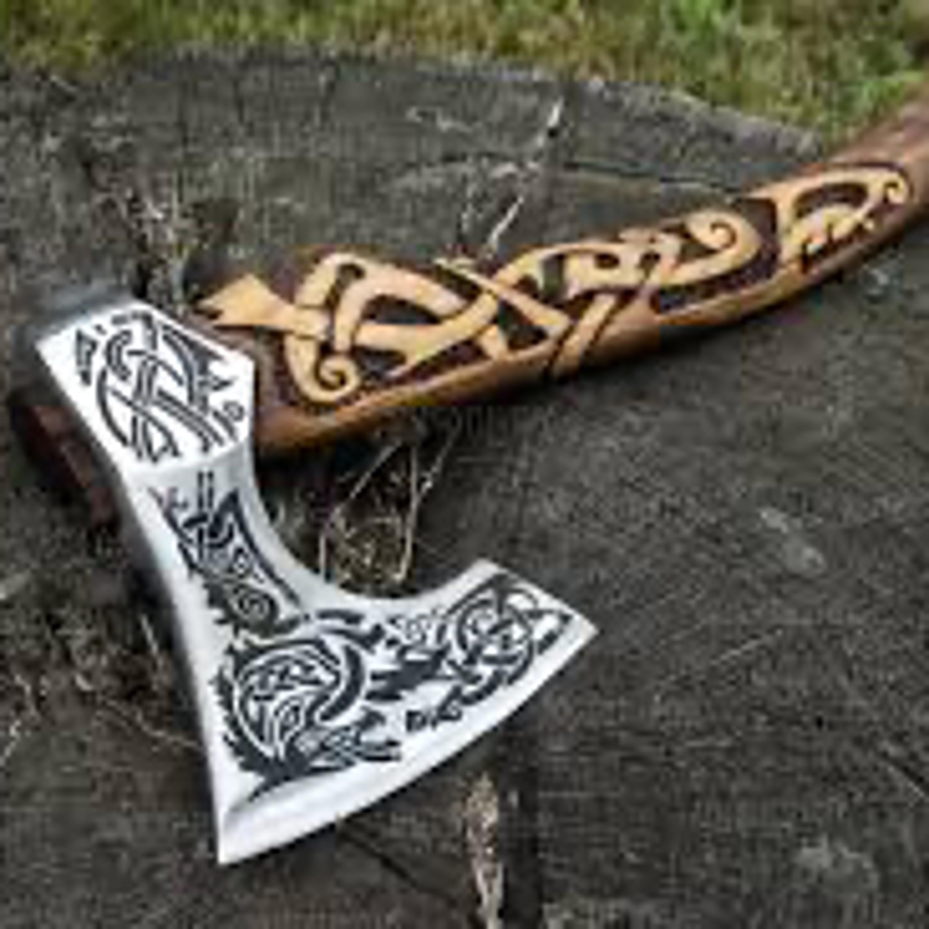 hand-forged viking axe | 1060 high carbon steel engraved blade, ashwood handle, leather sheath | collectible nordic axe