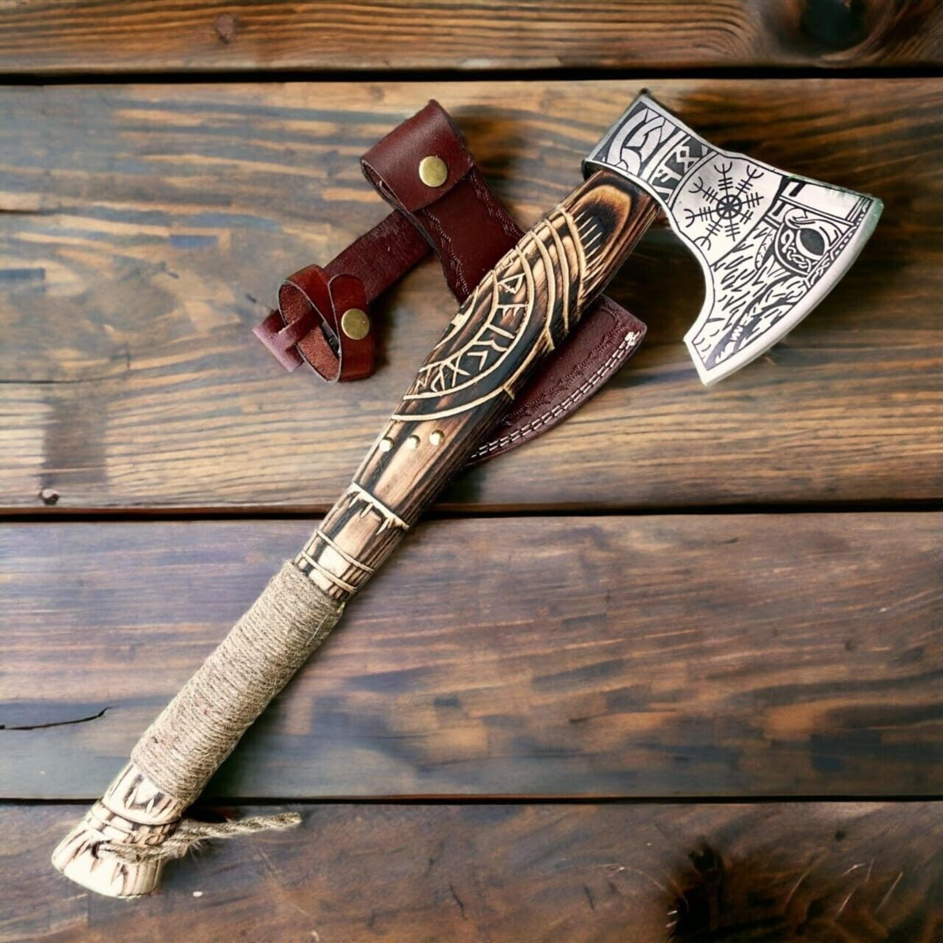 premium handcrafted odin viking axe | carbon steel blade, engraved wooden handle | authentic norse style collectible