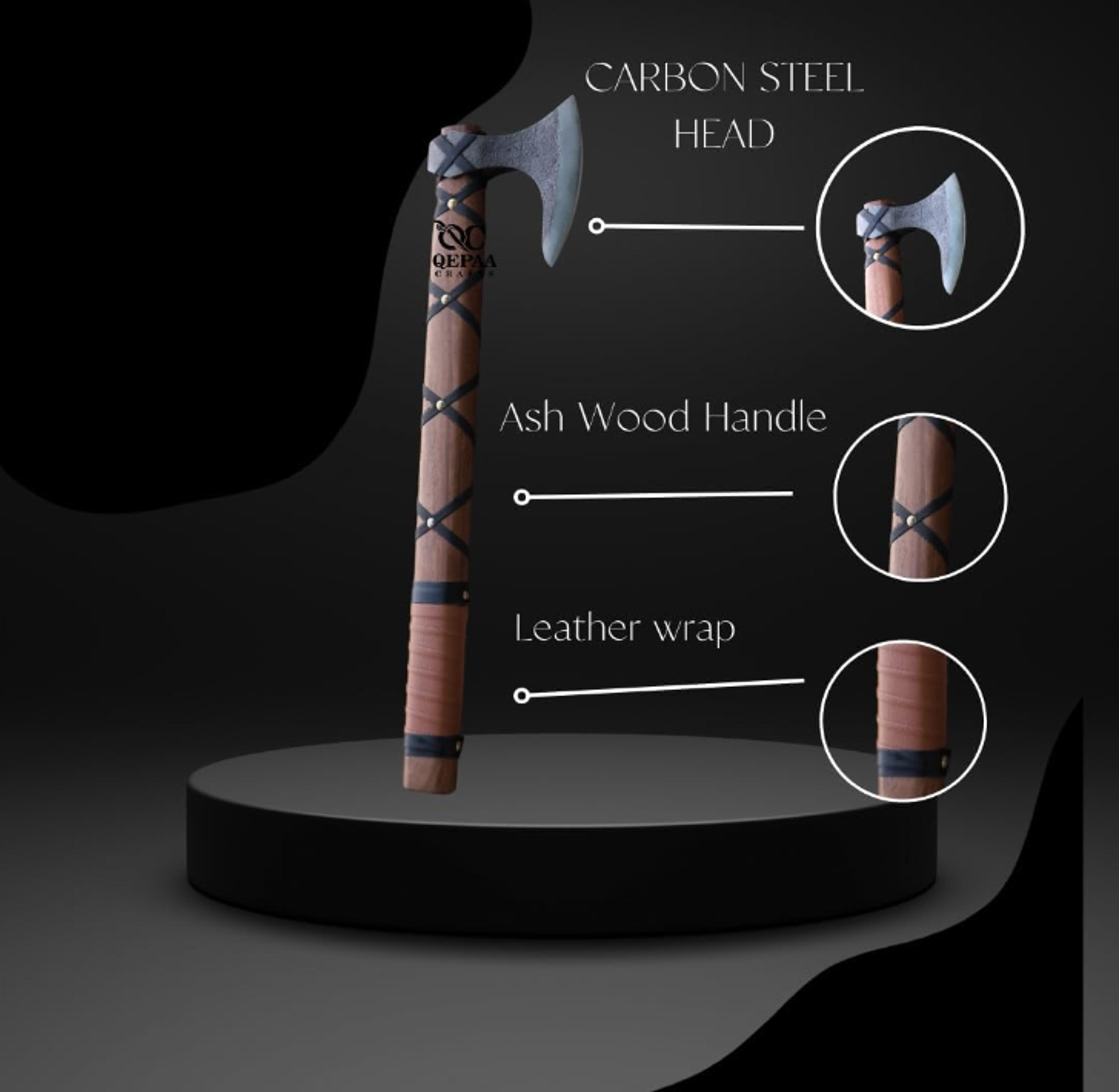 handmade high carbon steel viking axe | leather wrapped ash & rosewood handle, 19 length | perfect gift for men