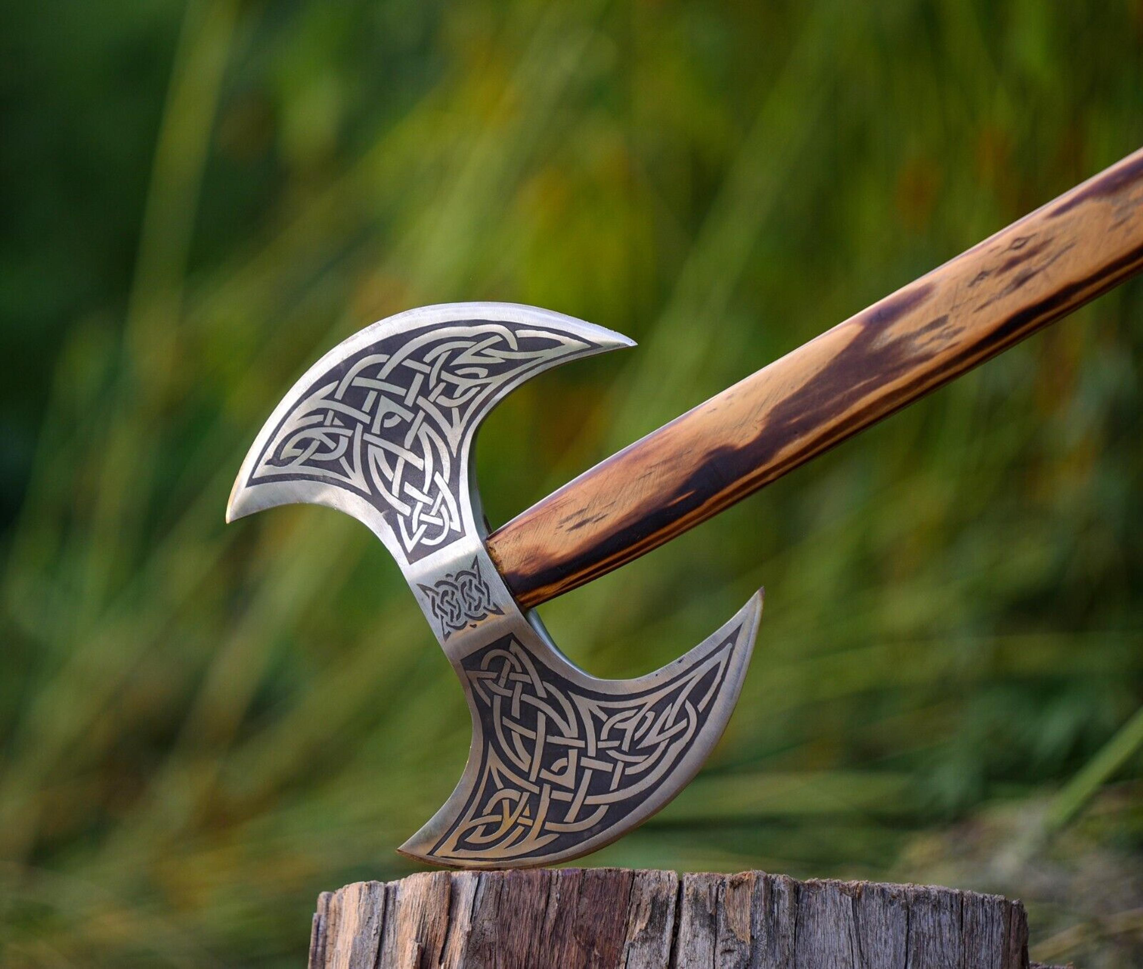 handmade double edge viking axe | carbon steel blade, rosewood handle cow leather sheath | collectible norse battle axe