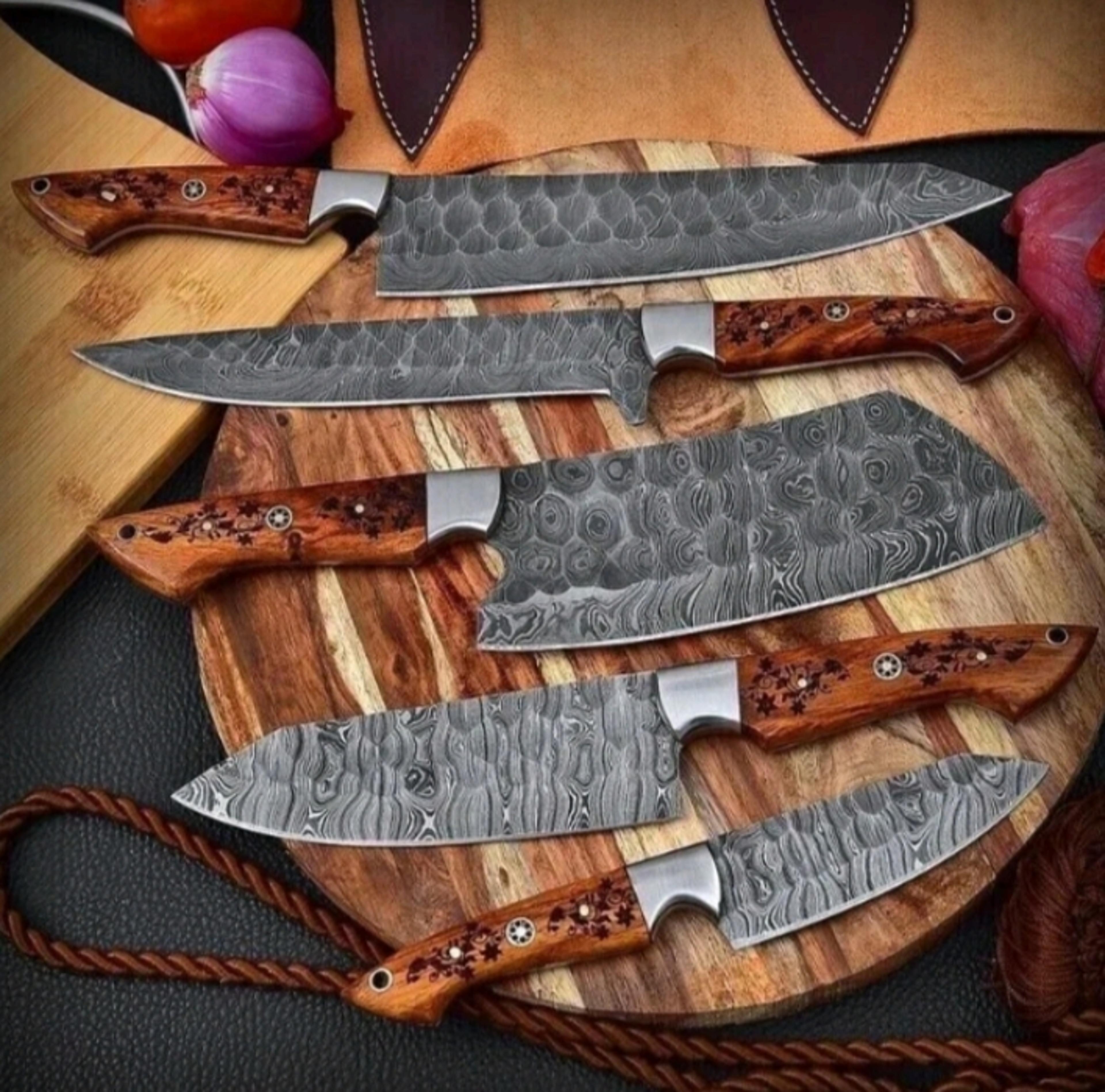 chef set 5pcs hand forged damascus steel , damascus knife set, damascus chef's
