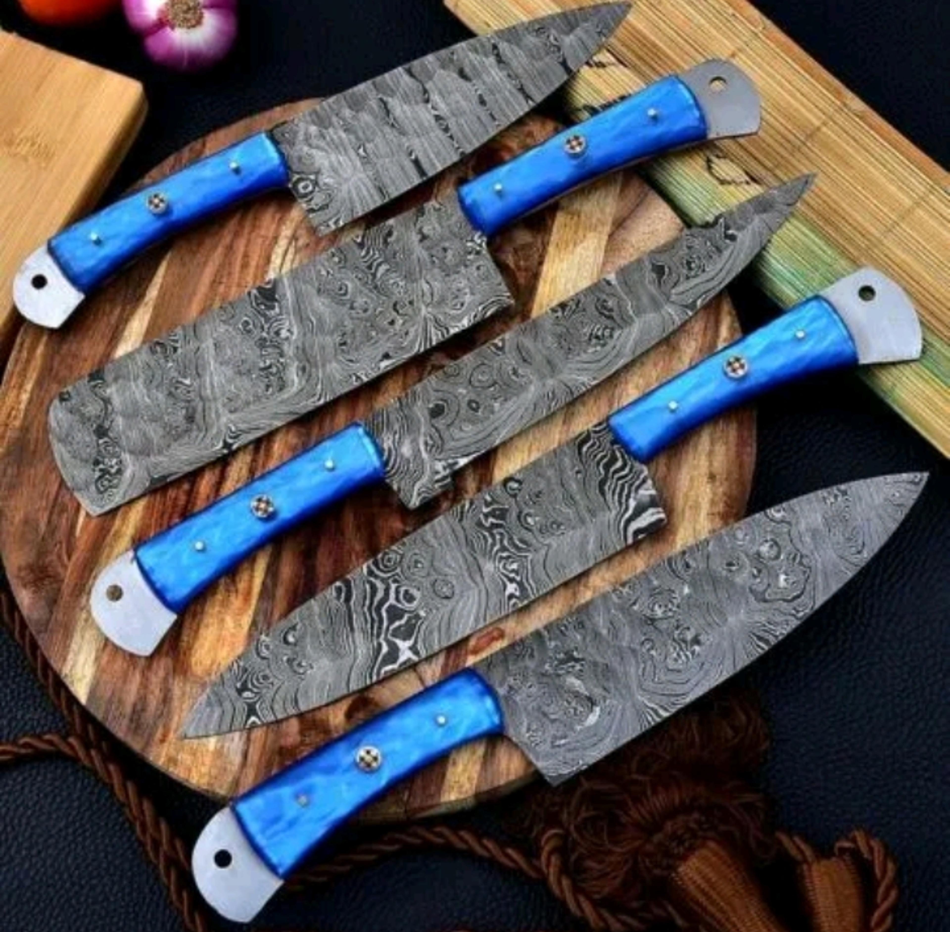 chef set 5pcs hand forged damascus steel , damascus knife set, damascus chef's