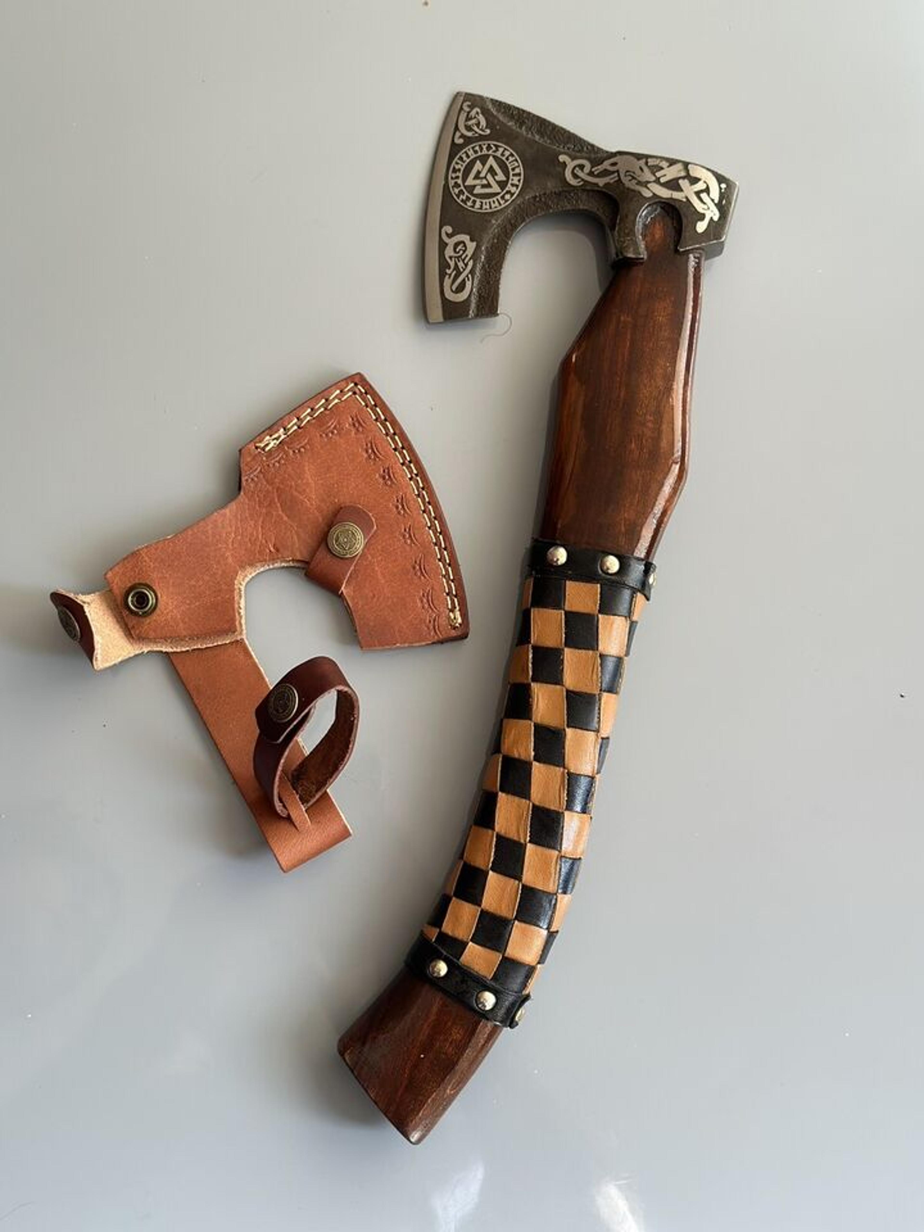 handmade forged bushcraft axe | carbon steel forest hatchet with leather wrapped handle | camping & survival tool