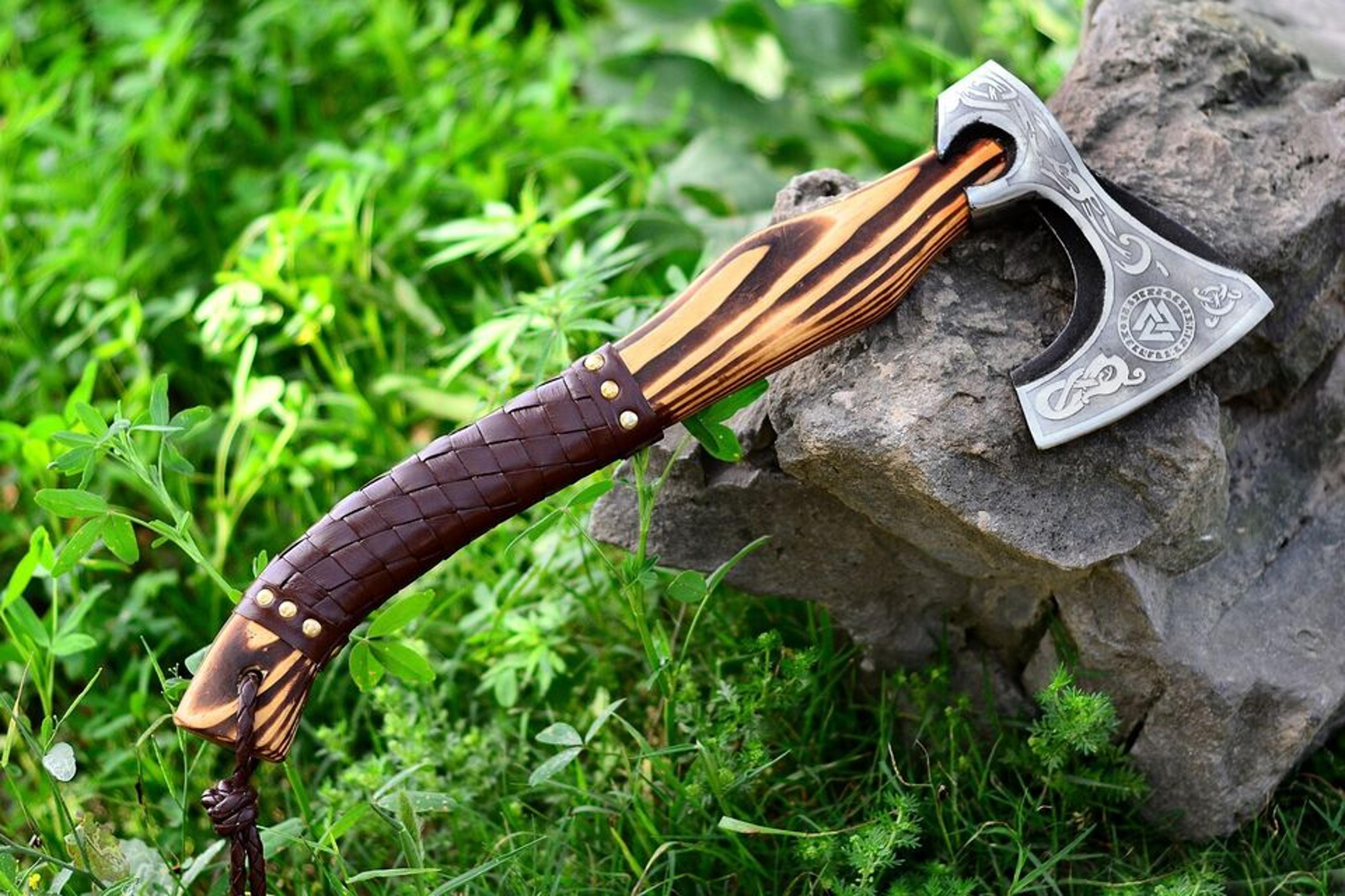 hand-forged viking axe | 20 length, 6 blade | carbon steel adventure axe with leather sheath & premium wooden handle