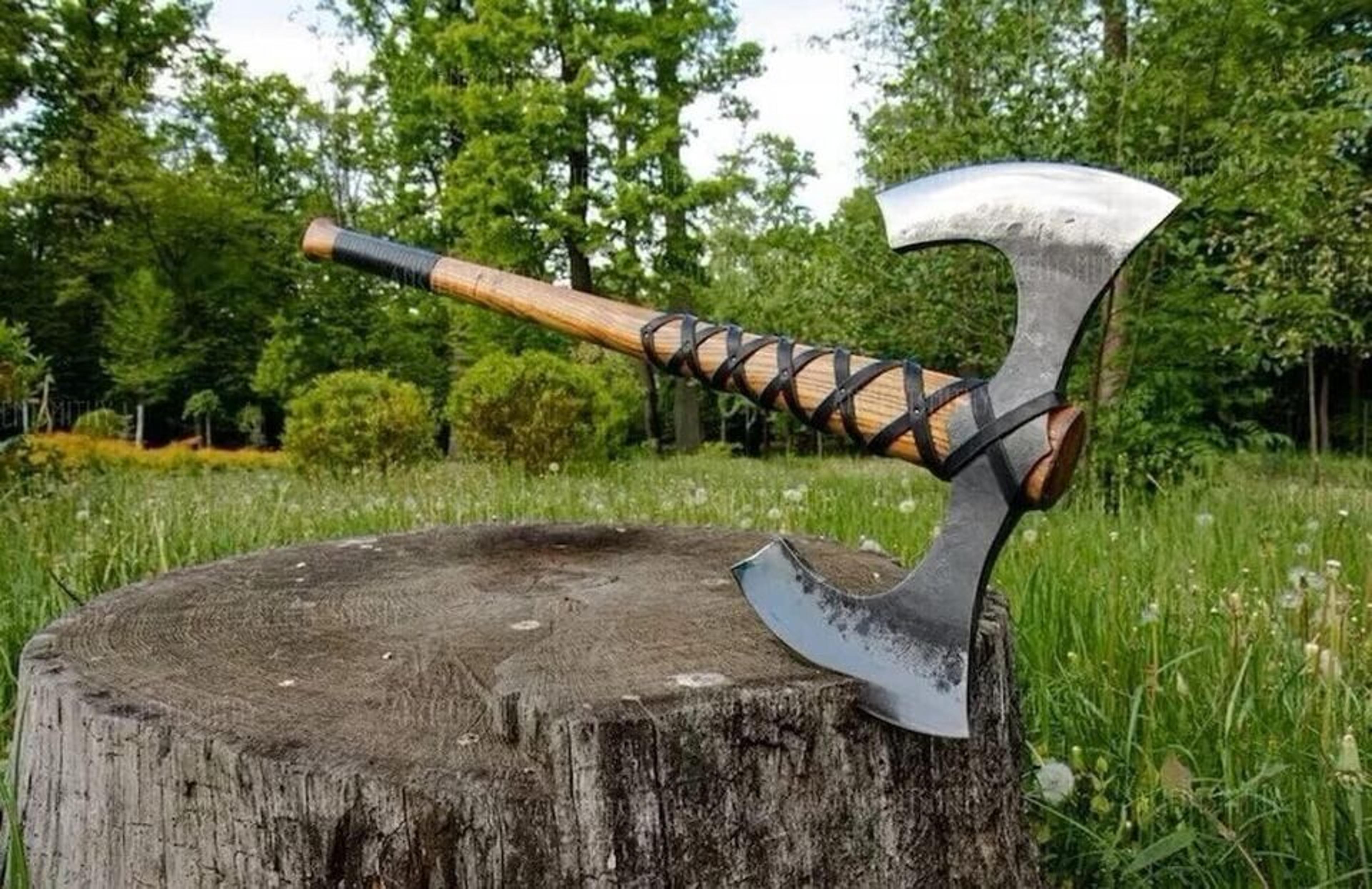 handmade viking bearded axe | 30" full tang carbon steel blade with wooden handle & sheath | camping, battle axe