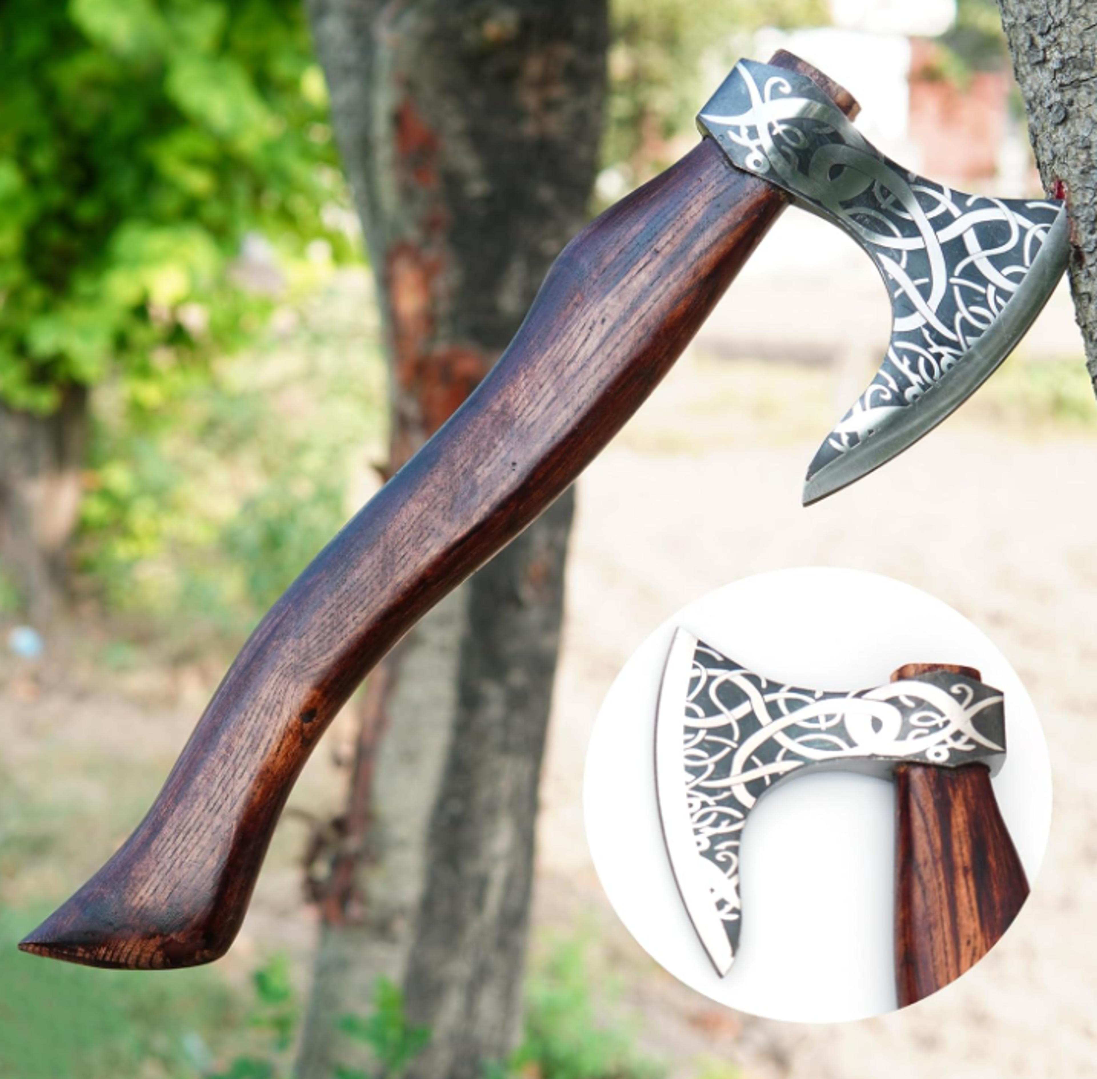 handmade high carbon steel viking axe | leather wrapped ash & rosewood handle | 19 length | gift for men anniversary