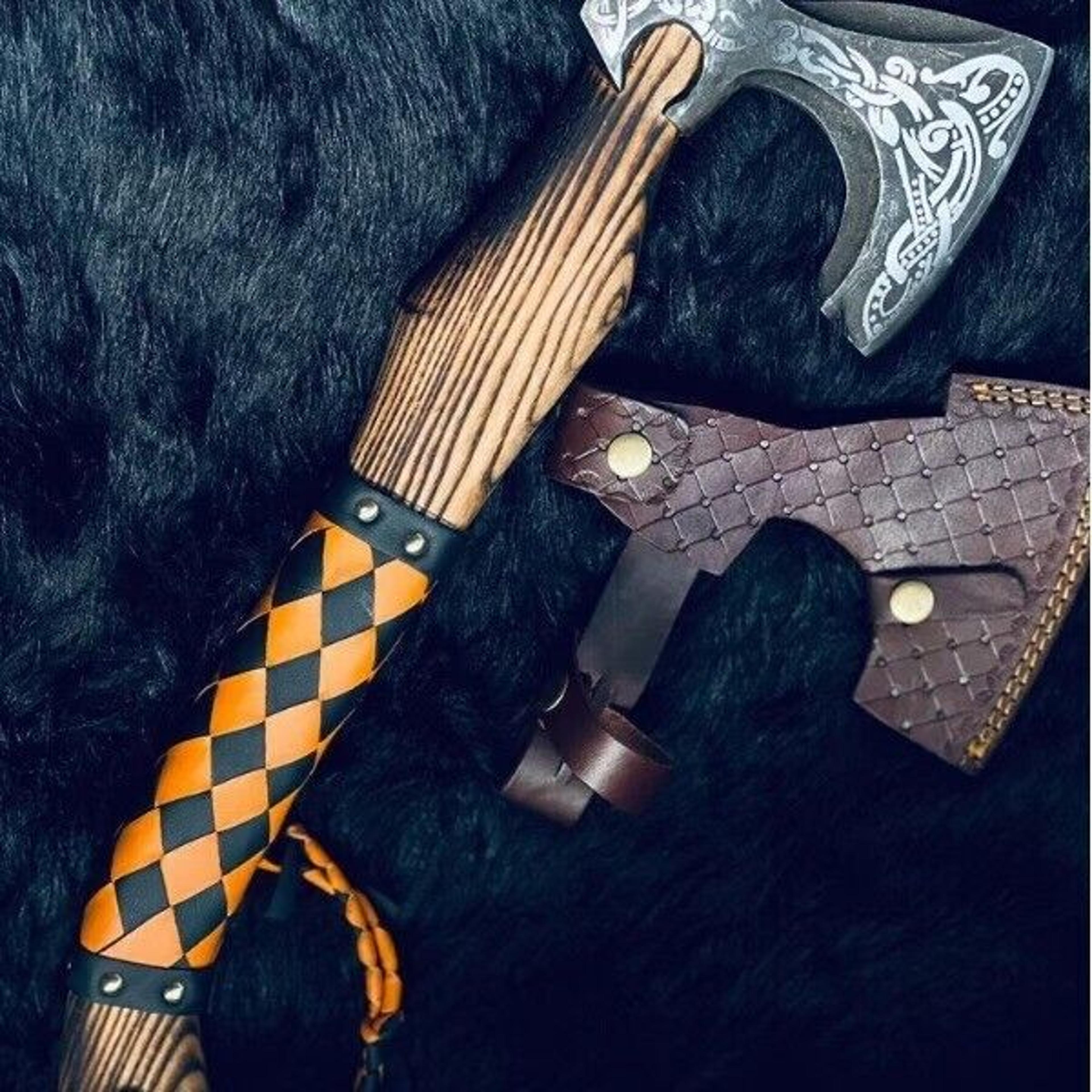 handmade damascus steel hunting axe | 19.5" twist pattern blade with ash wood & leather wrapped handle | collectible