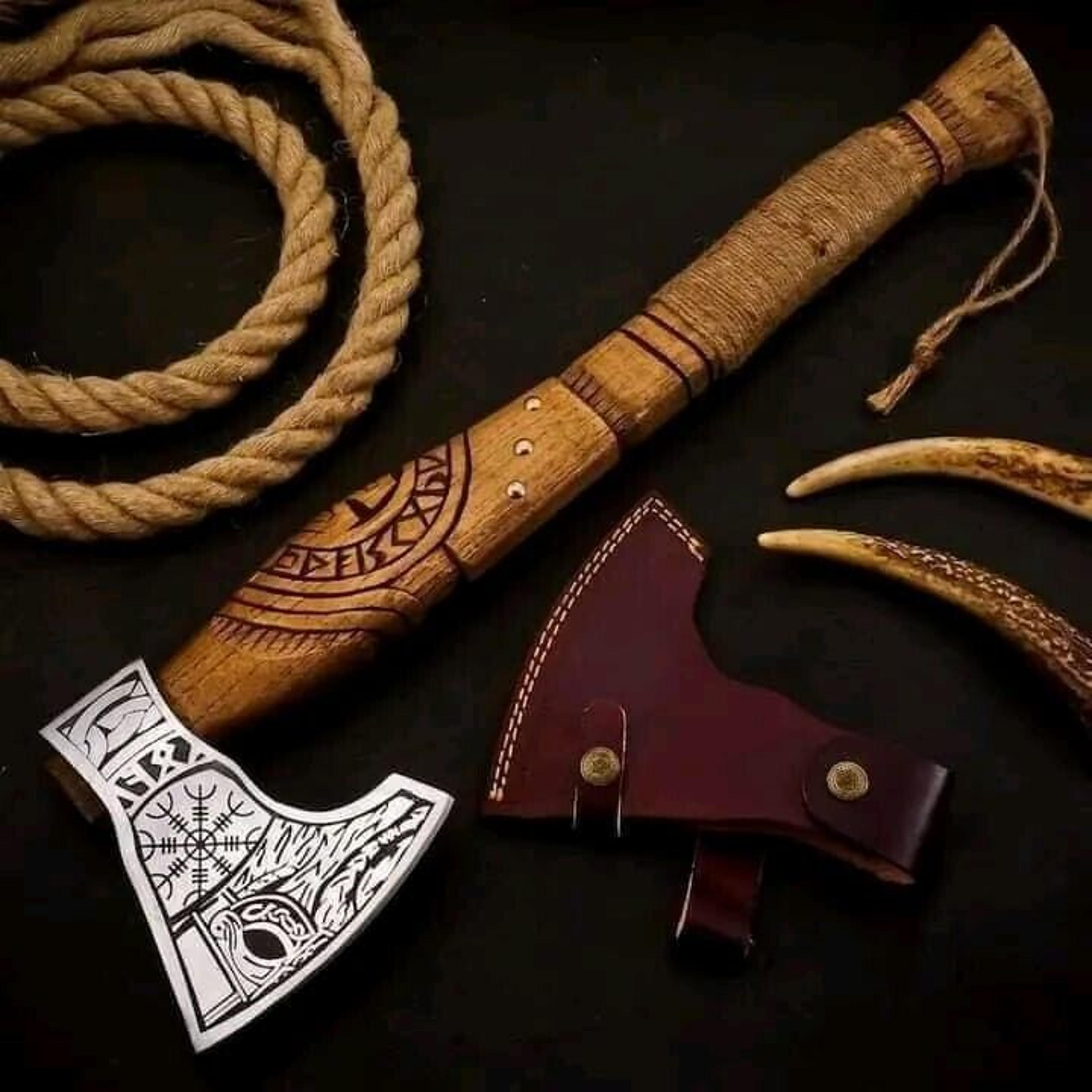 handmade engraved viking axe | hand-forged high carbon steel blade with premium wooden handle & free leather sheath