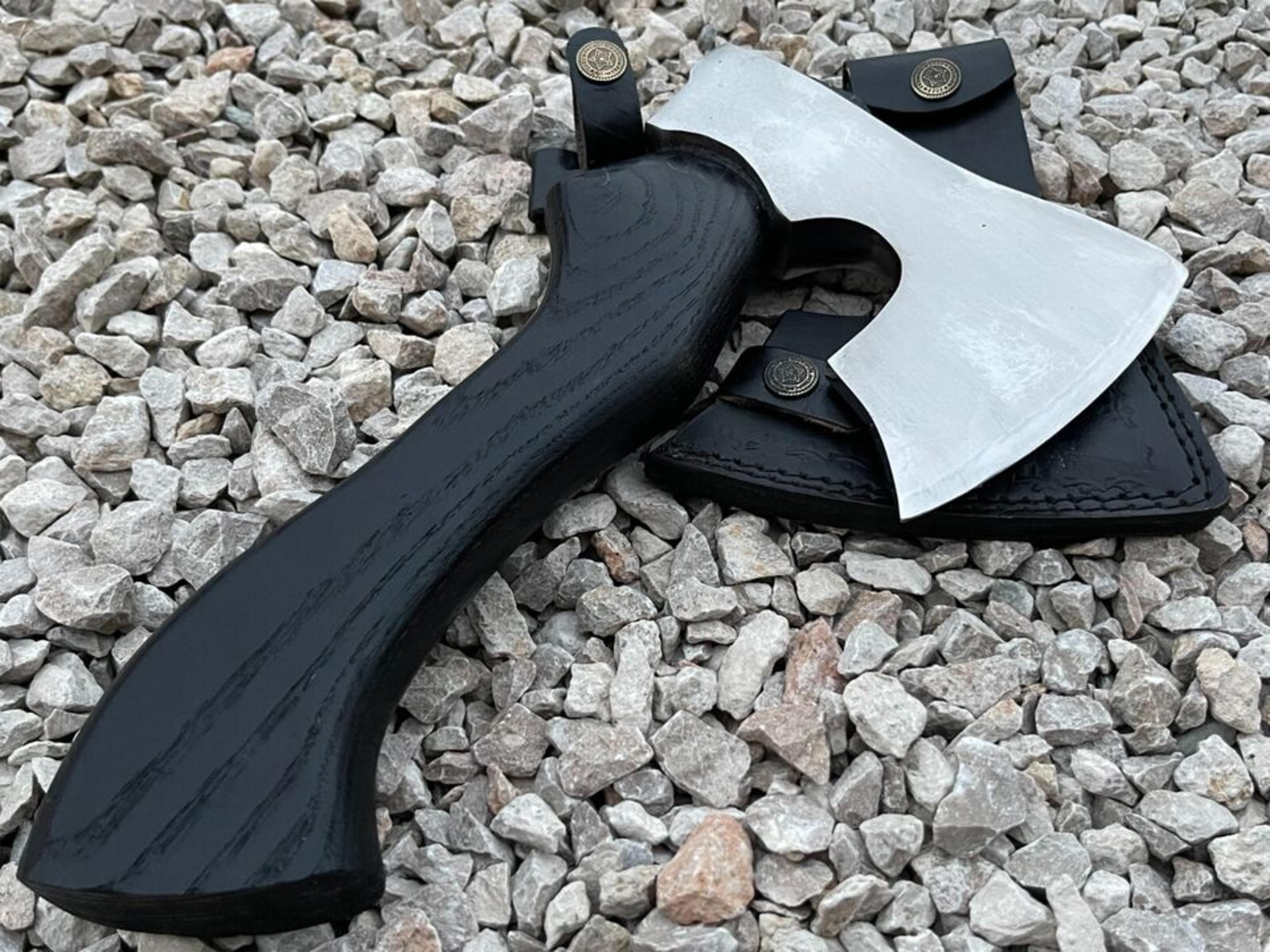 hand-forged viking throwing axe | 11.5" carbon steel tomahawk with ash wood handle & leather sheath | handmade gift