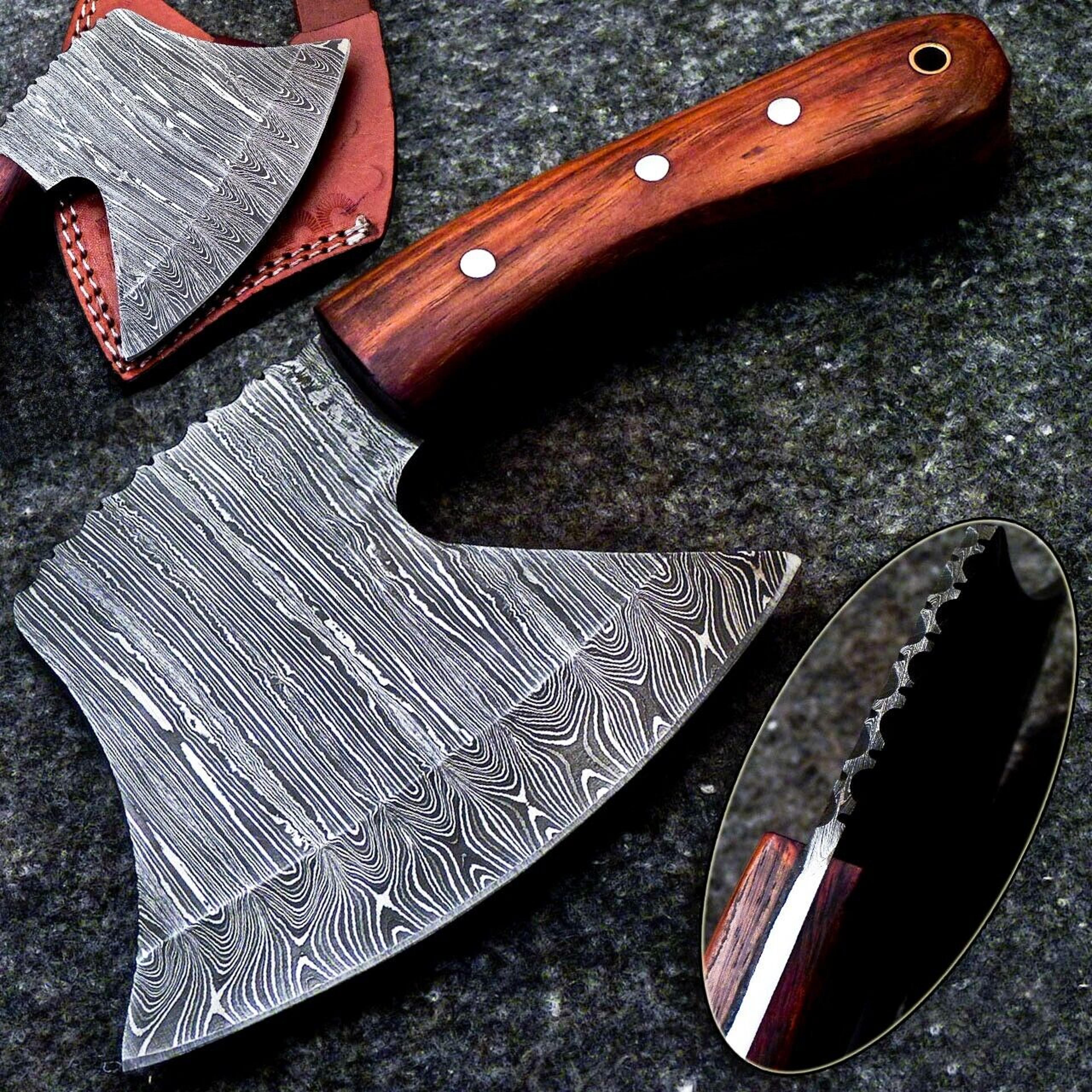 handmade damascus steel pizza axe cutter | 7" viking-style hatchet tomahawk with natural wood handle & leather sheath