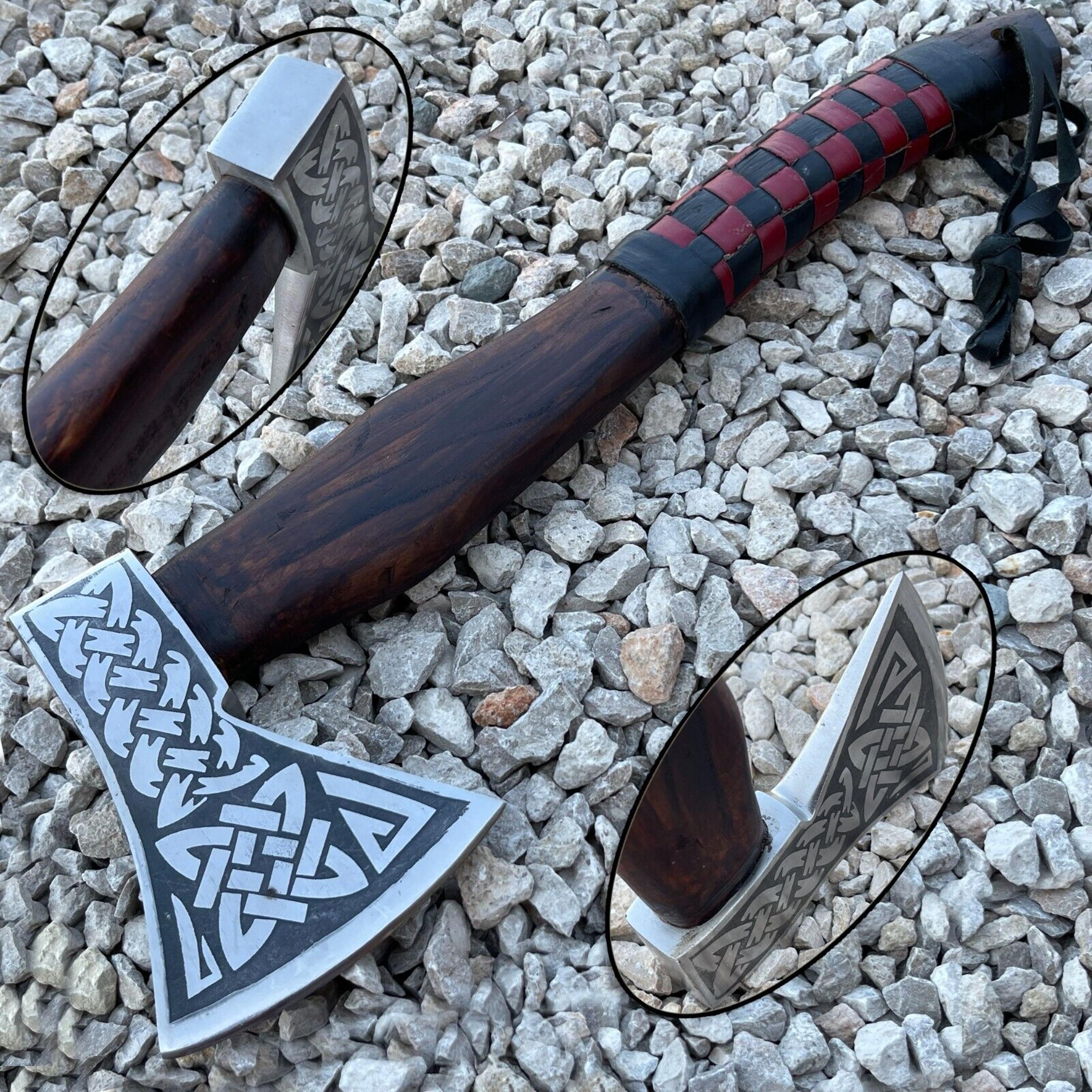 hand-forged viking axe | 17" handmade carbon steel tomahawk with etched blade & leather wrapped wooden handle