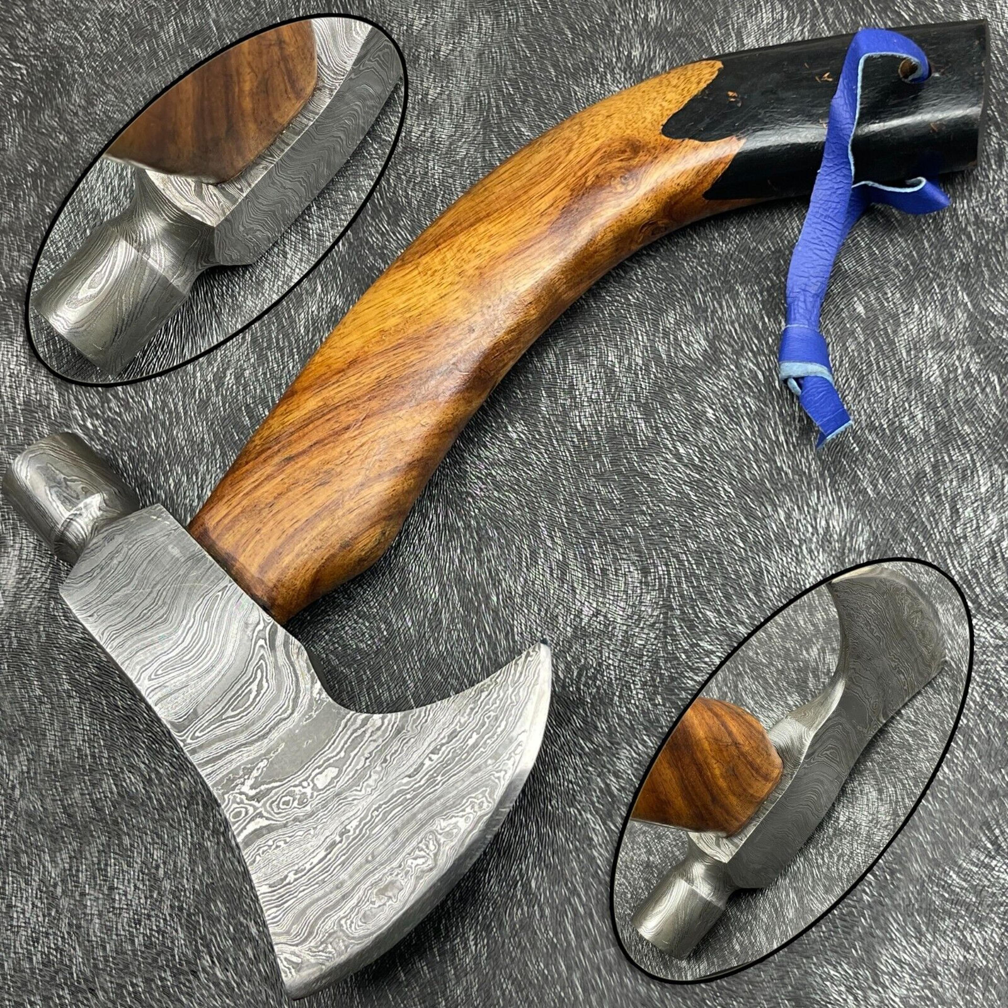 hand-forged damascus steel viking axe | 15.5" handmade tomahawk with leather wrapped wooden handle & mosaic pin