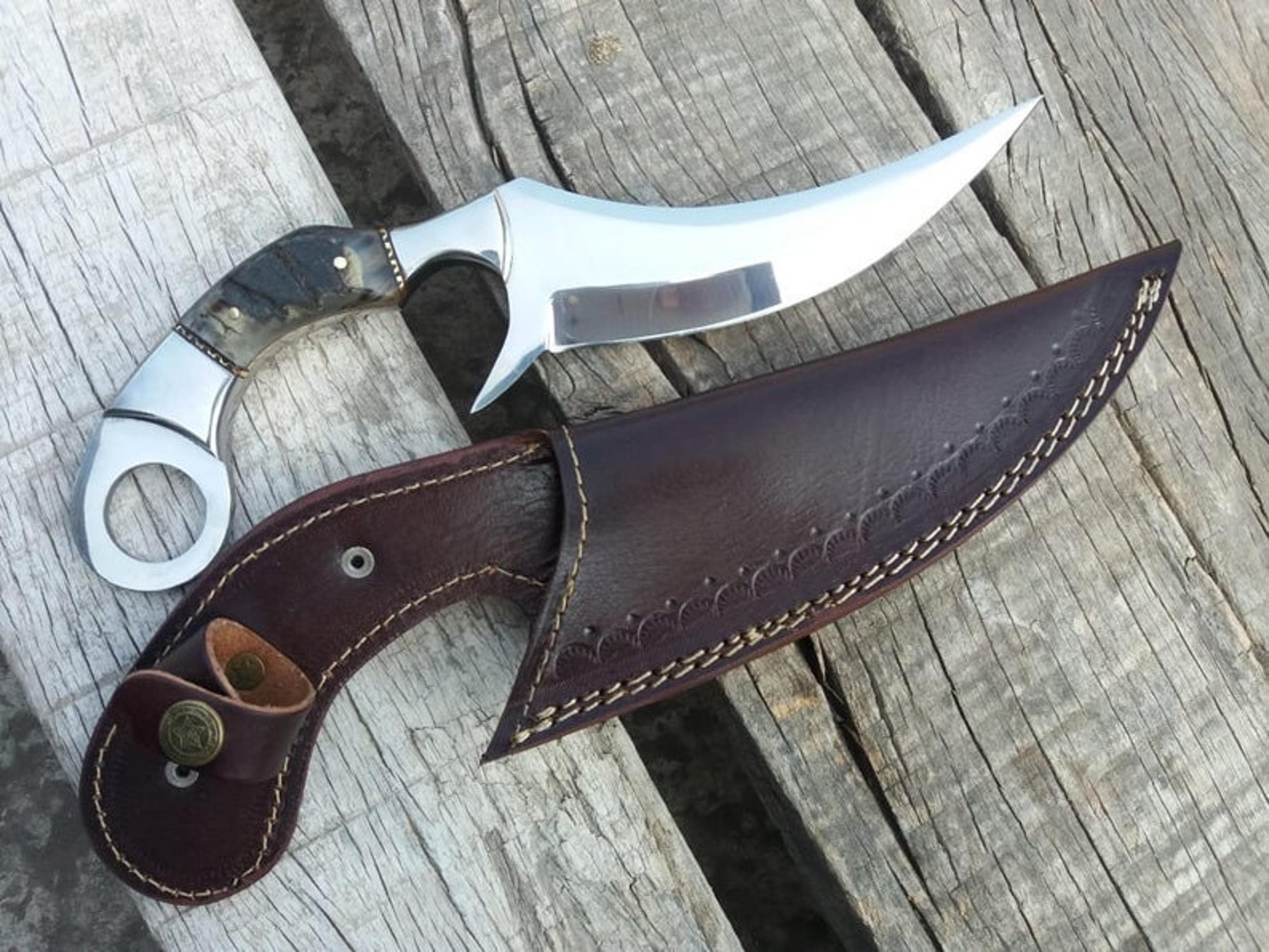 d2 tool steel mirror polished karambit knife sheep horn handle damascus karambit custom karambit hand forged damascus bo