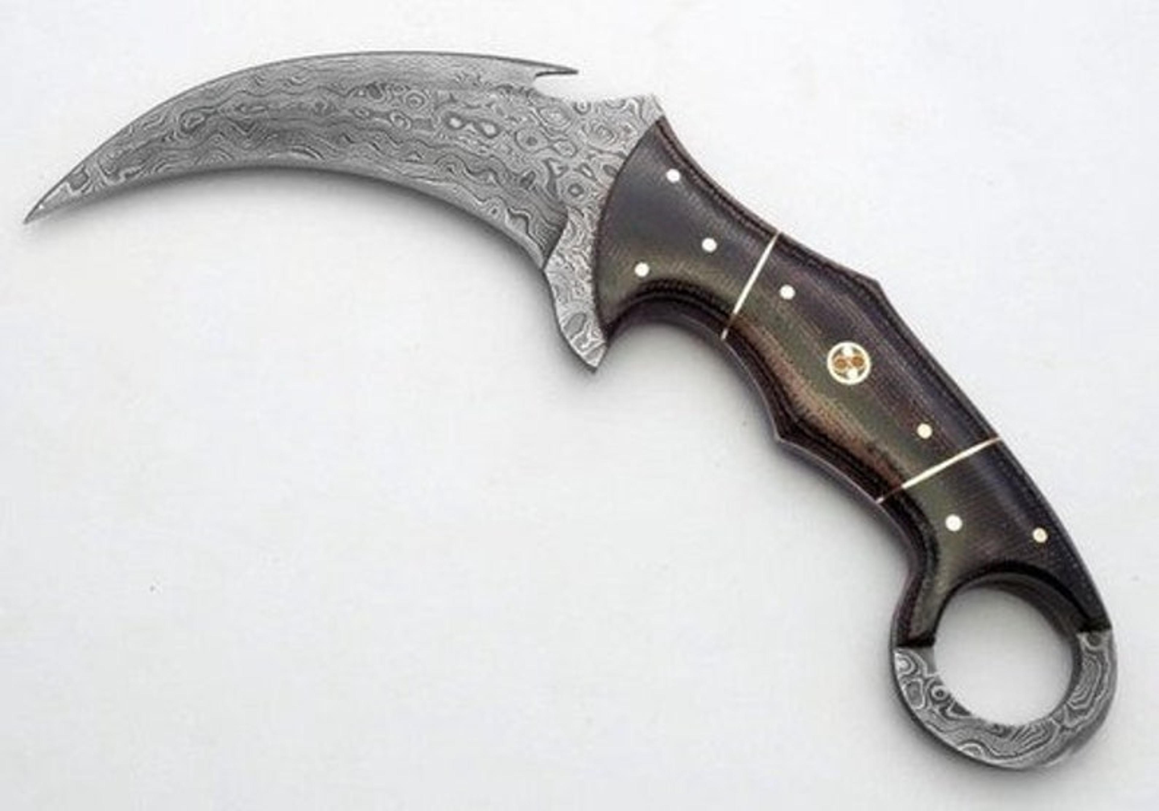 custom handmade damascus karambit knife with leather sheath