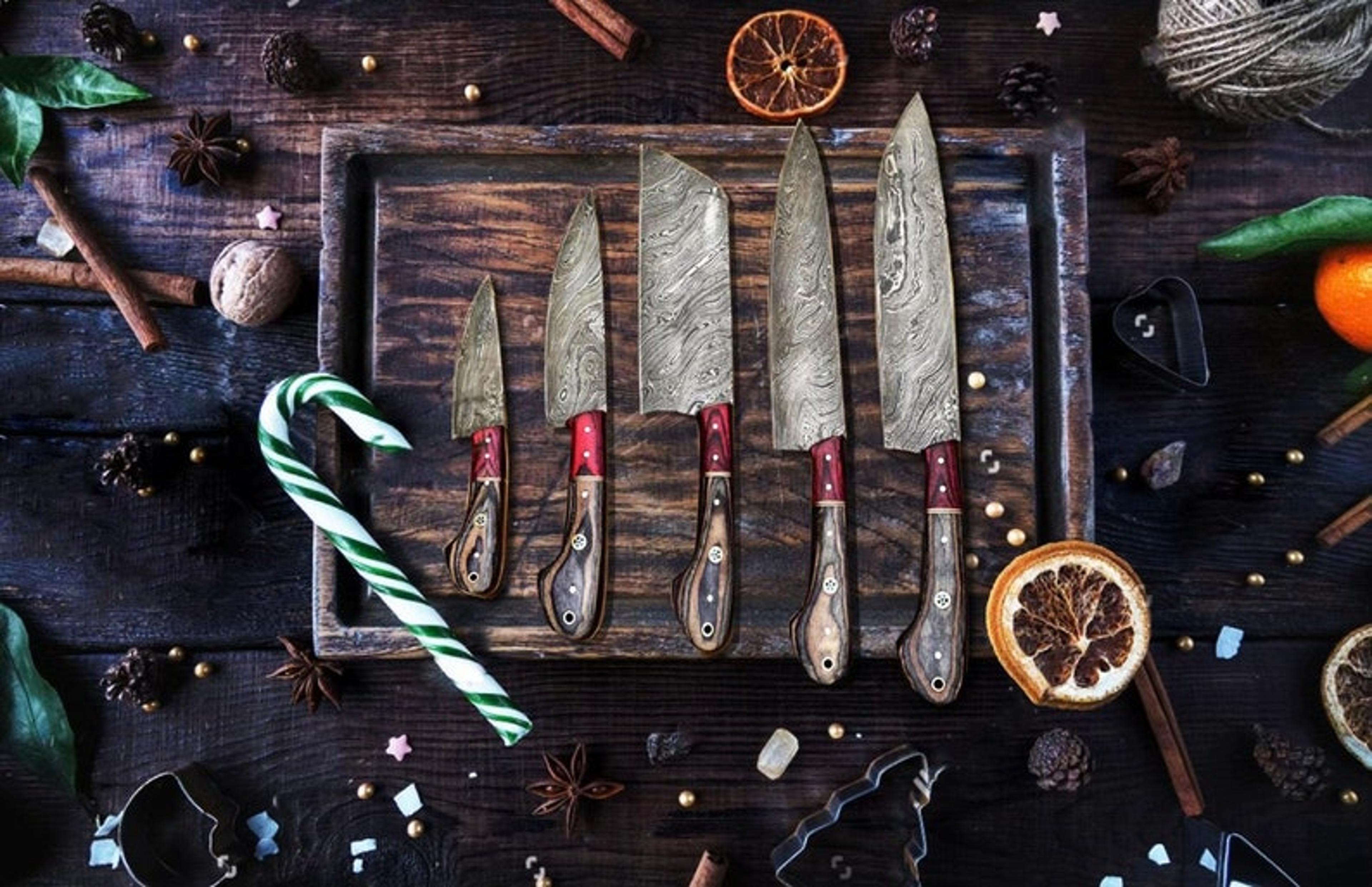 hand forged damascus steel, bbq knife set, chef knife set, custom knife set. gift for husband | kitchen knife set, gift