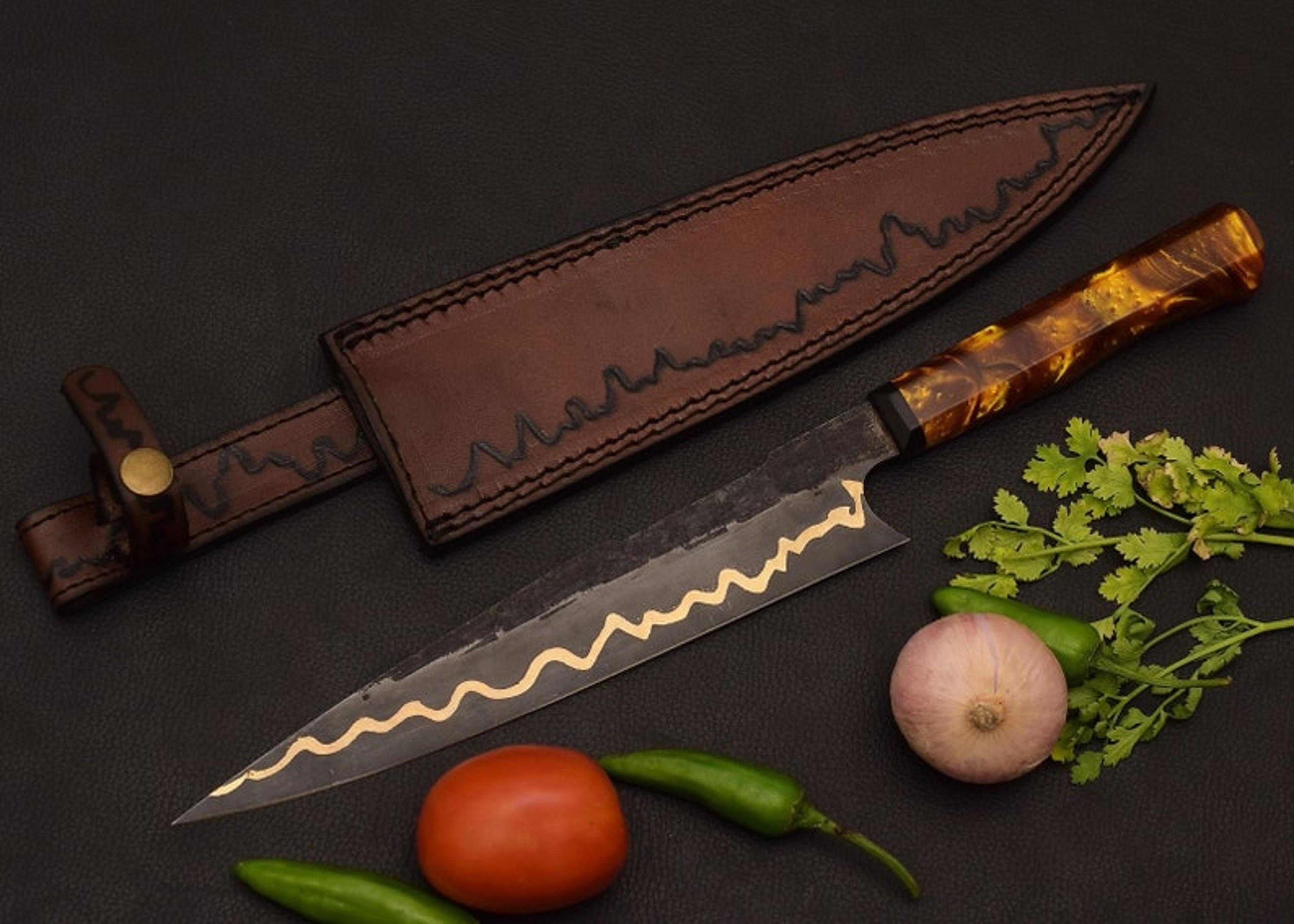 gold chef knife, spring steel , kitchen knife, handmade chef knife,, wood knife, handmade kitchen knife, christmas gift,