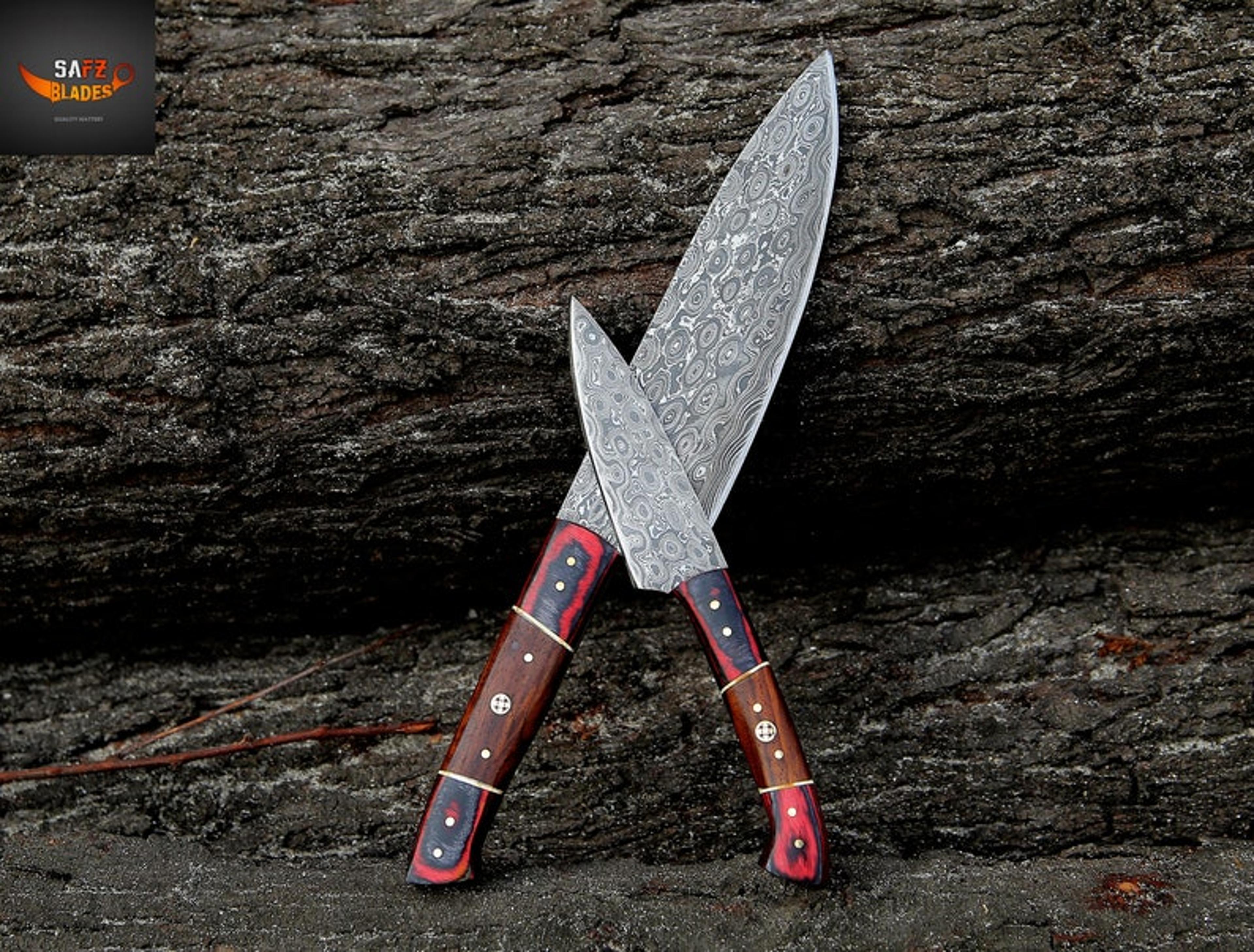 custom handmade damascus kitchen chef knife set | personalized gift for groomsmen, wedding, fathers