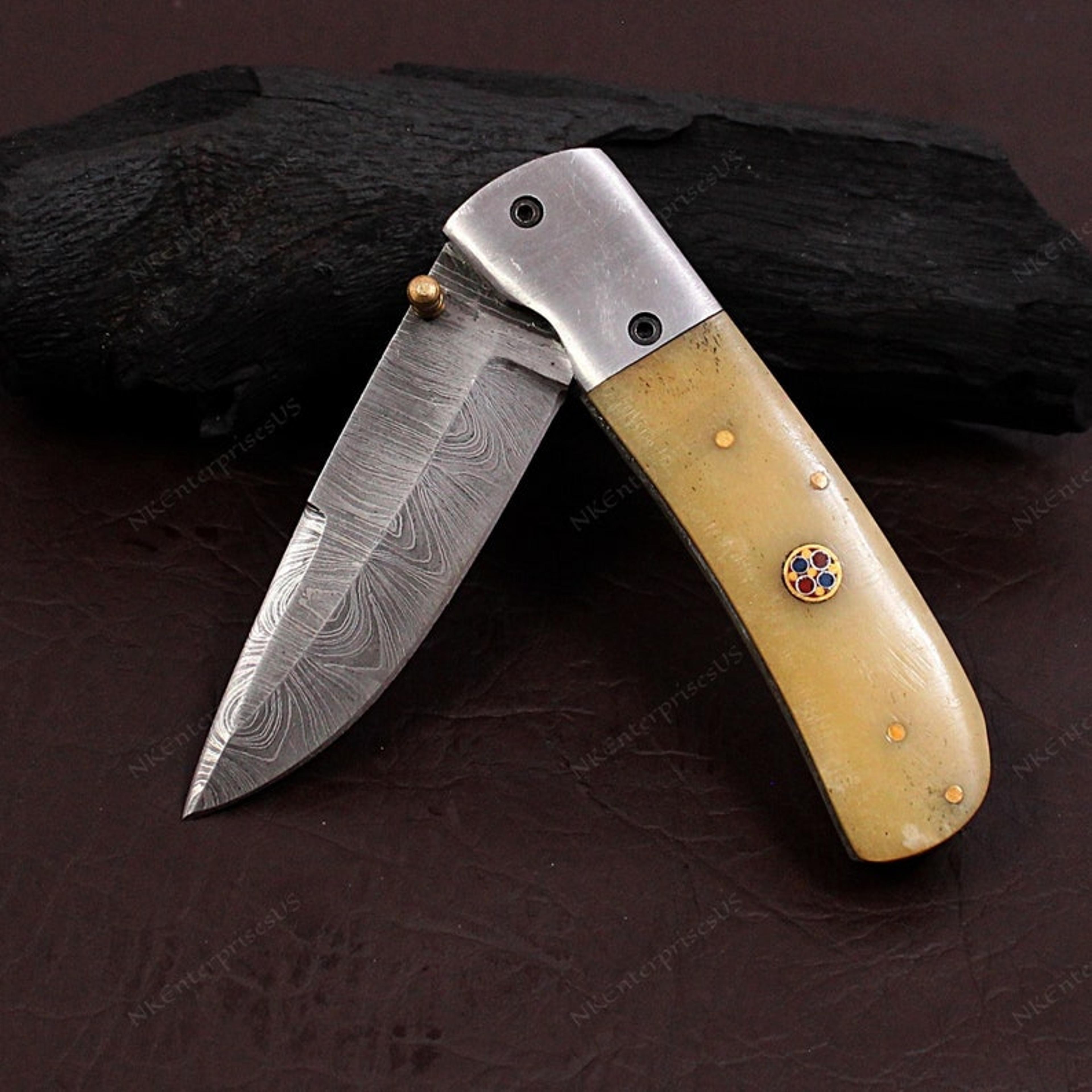 handmade folding knife. damascus folding knife, camping knife, hand forged knife, pocket knife. anniversary gift. best g