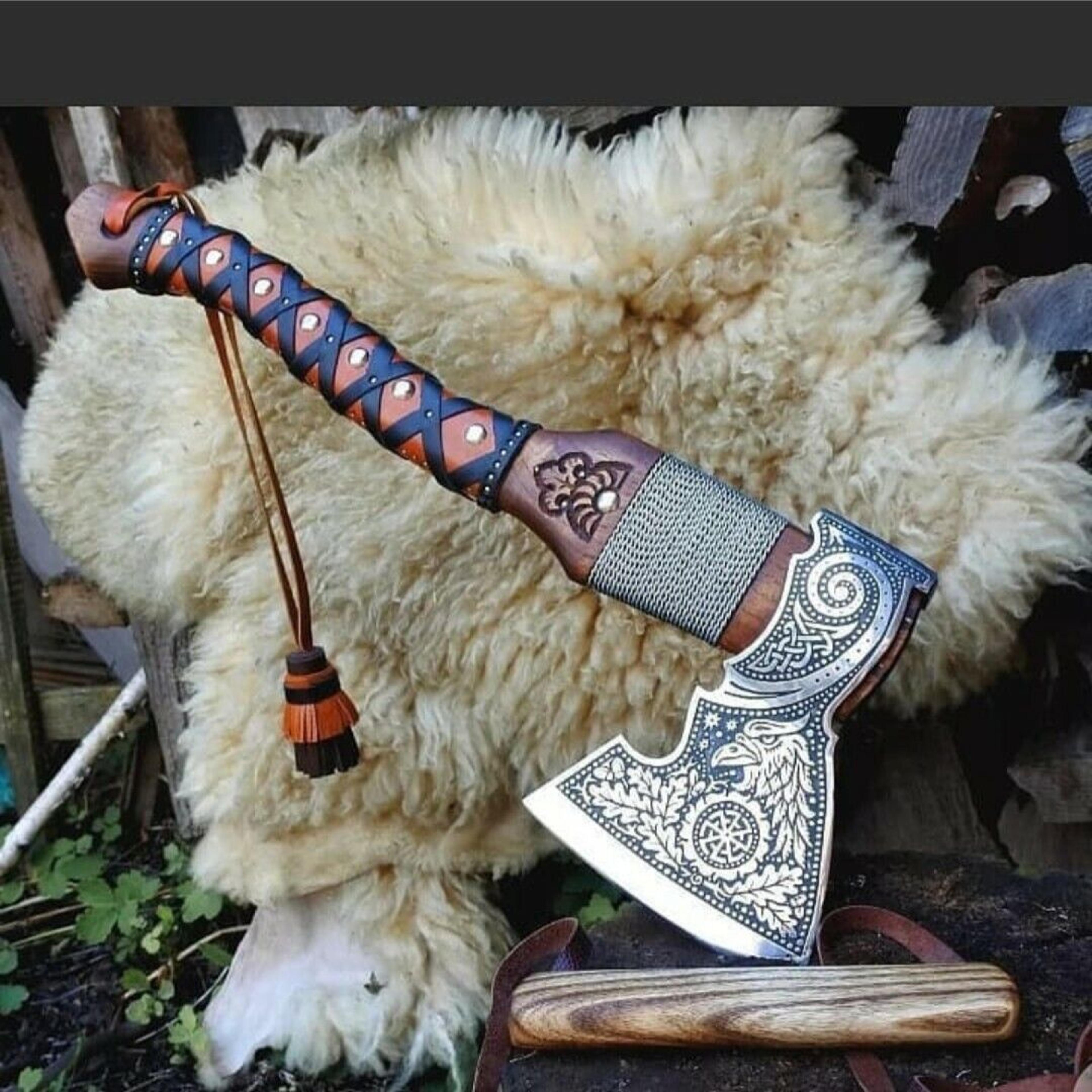 custom handmade steel hatchet tomahawk viking axe wraping leather on handle