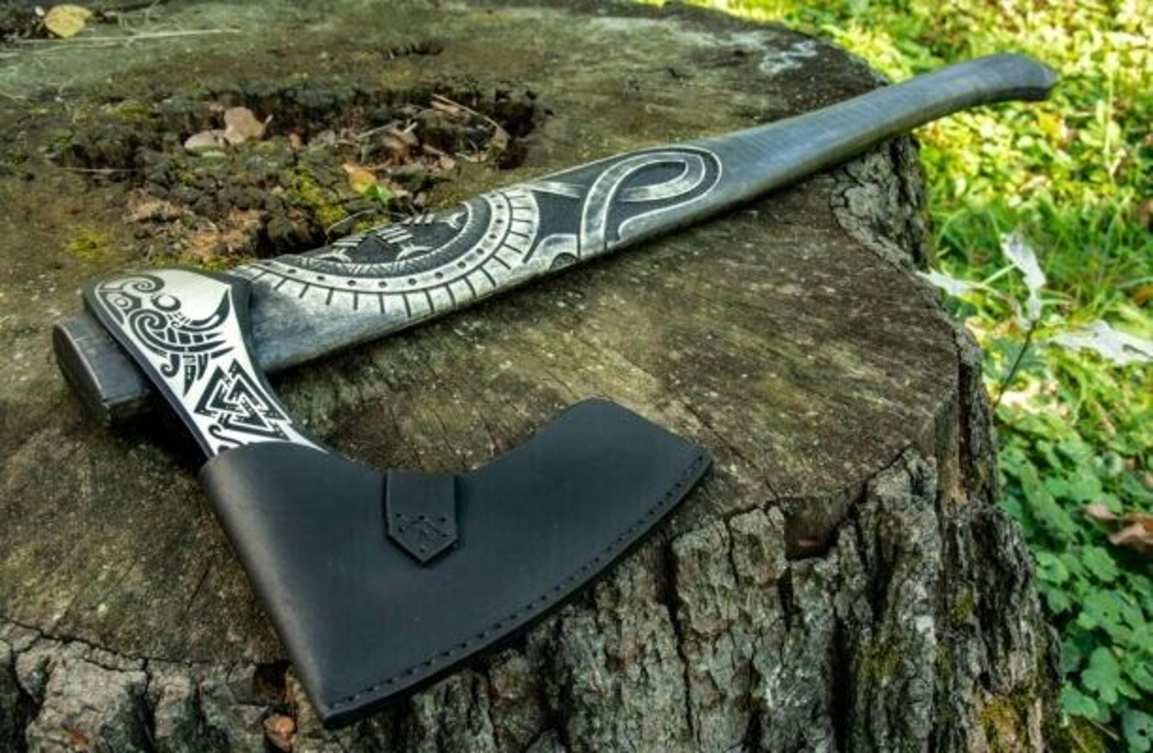 hand-forged damascus steel axe head | forged blade with cutting edge & head width | premium viking style axe