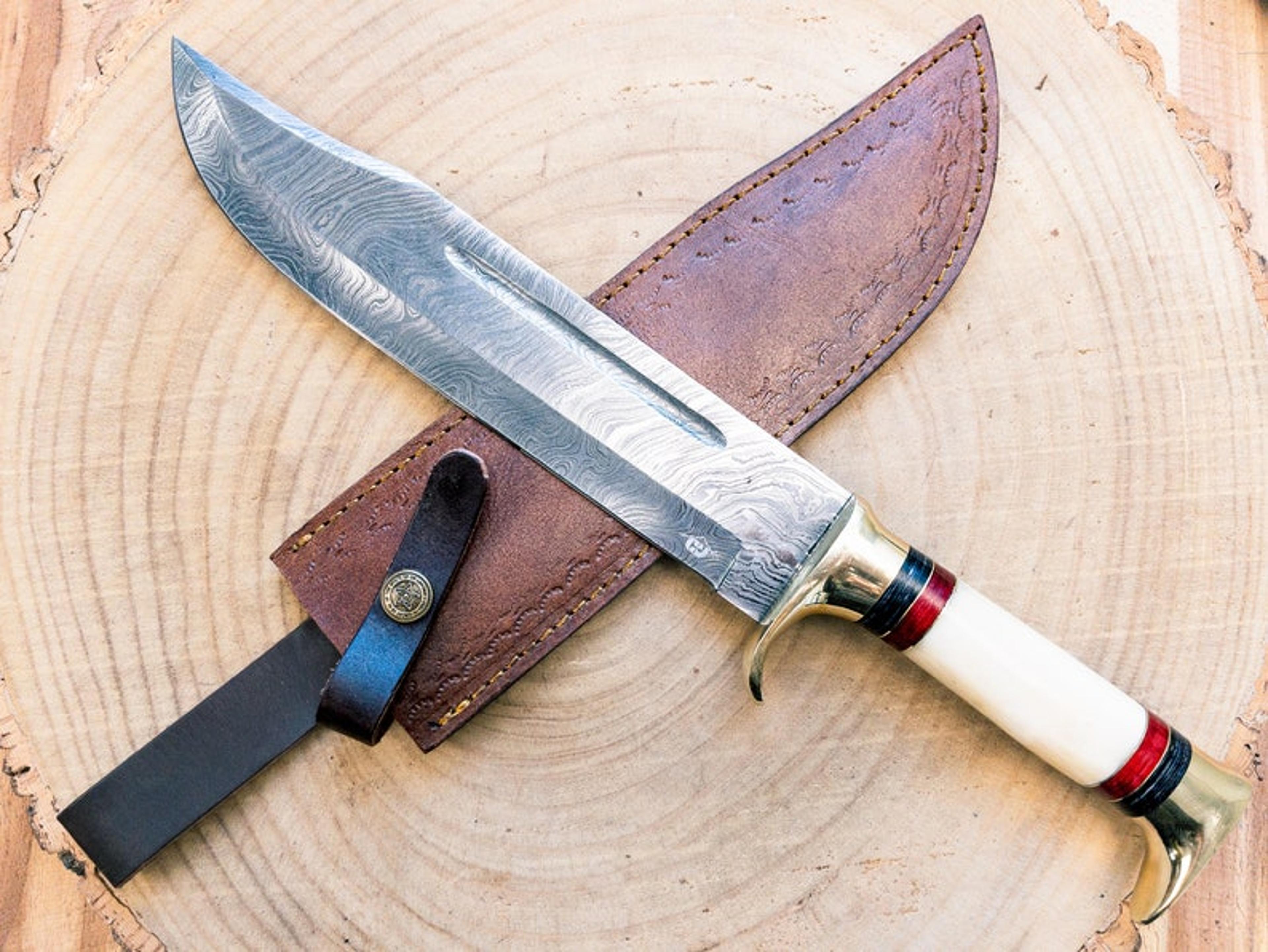 damascus bone 'n brass - bowie hunting knife / bone handle / leather sheath