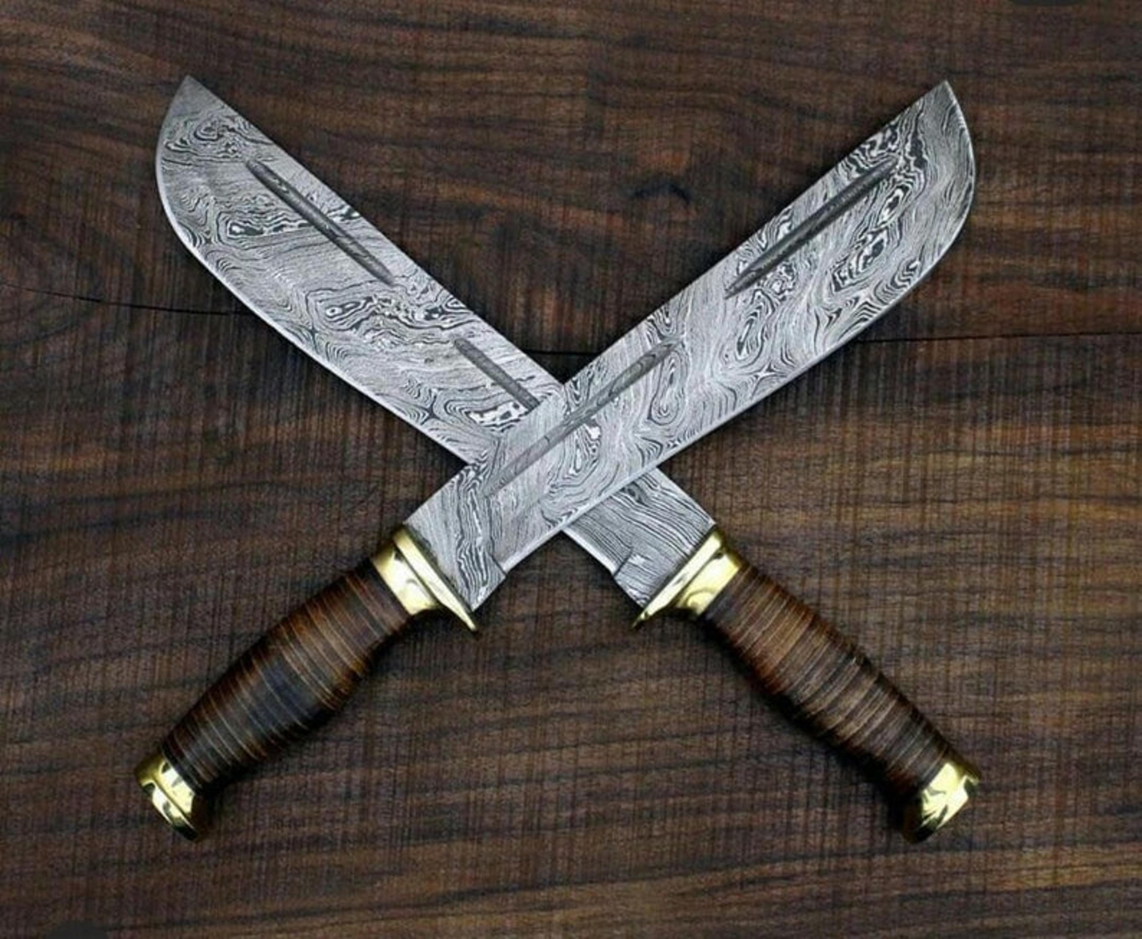 beautiful unique style custom handmade damascus steel hunting machete knife , leather sheath , fathers day gift , chris