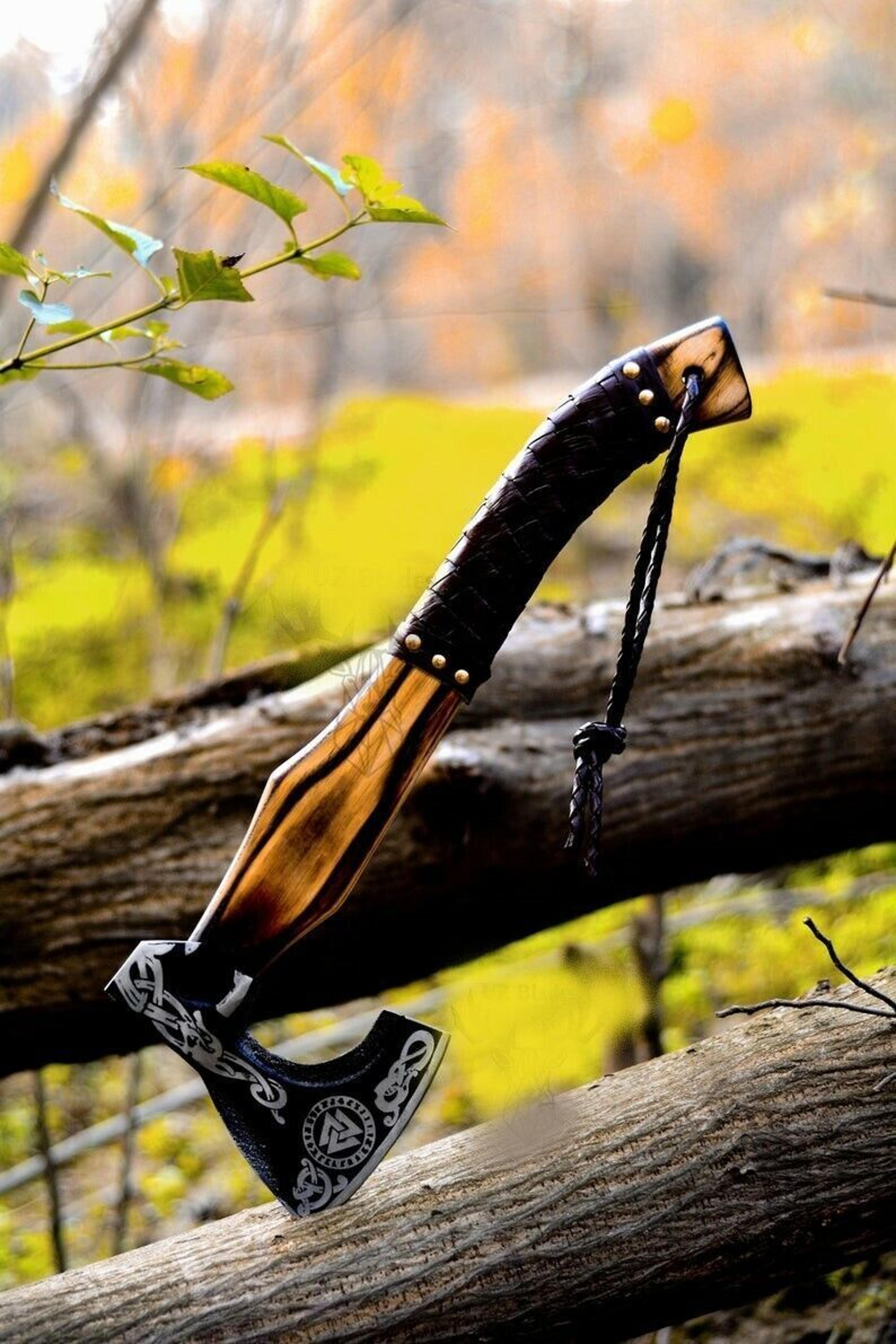 hand-forged carbon steel axe | acid-etched head with sharp edge & ash wood handle | viking style handmade axe