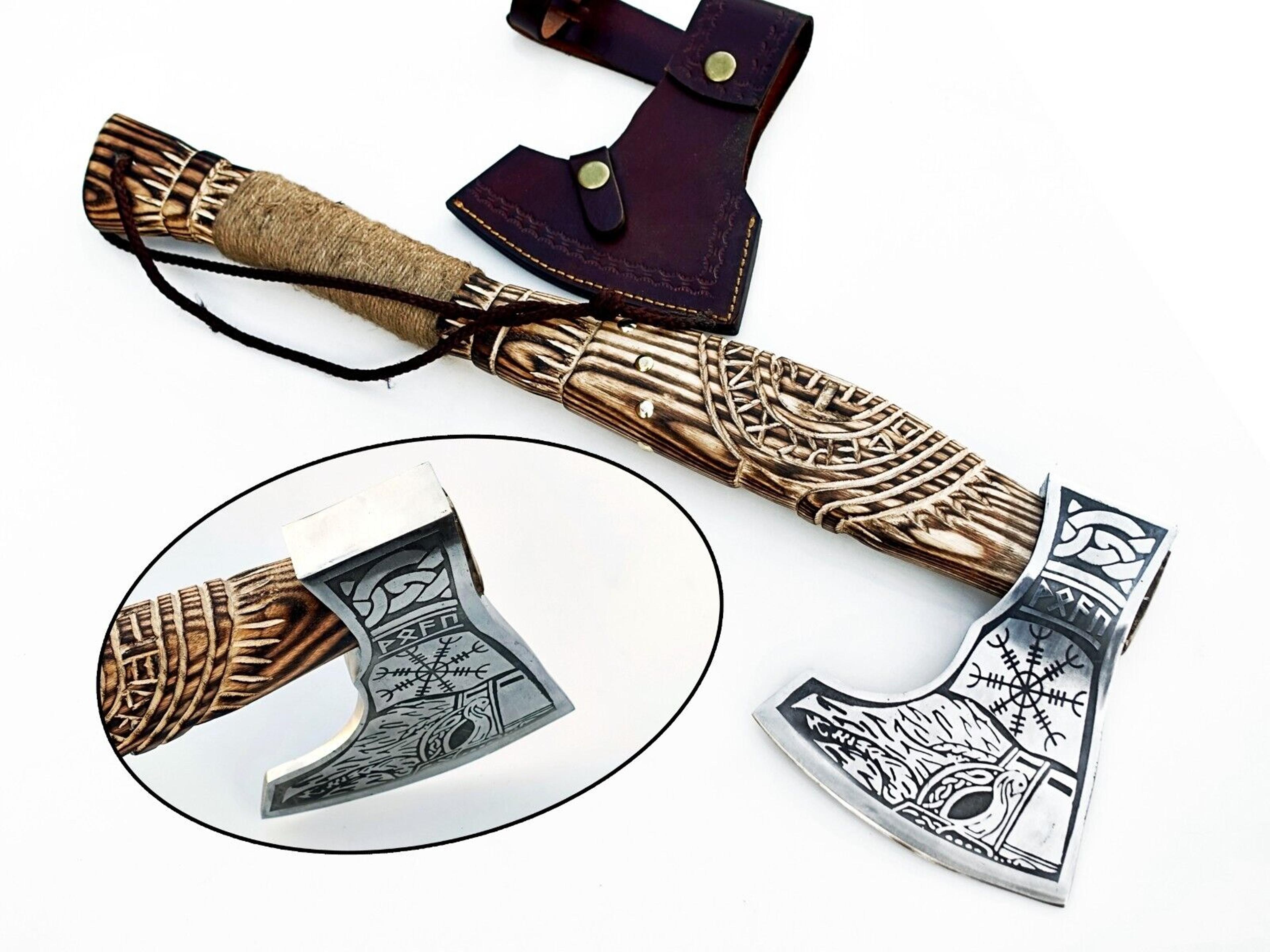 hand-forged carbon steel axe | acid-etched head with sharp edge & hand-engraved ash wood handle | viking style axe