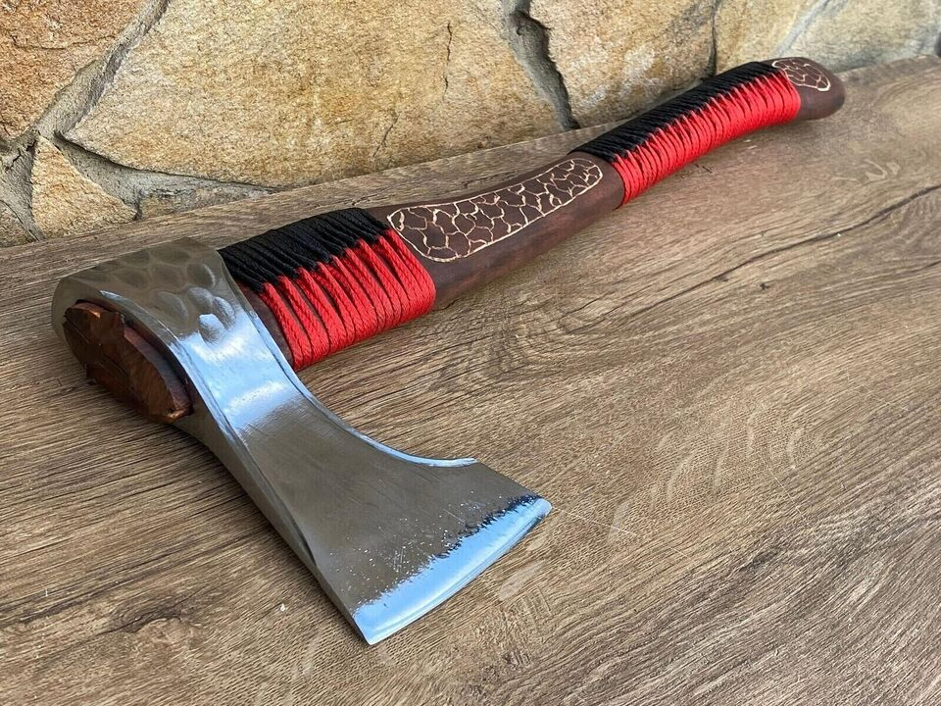 hand-forged carbon steel axe | 21.5 inch acid-etched head with cutting edge hand-engraved ash wood handle axe