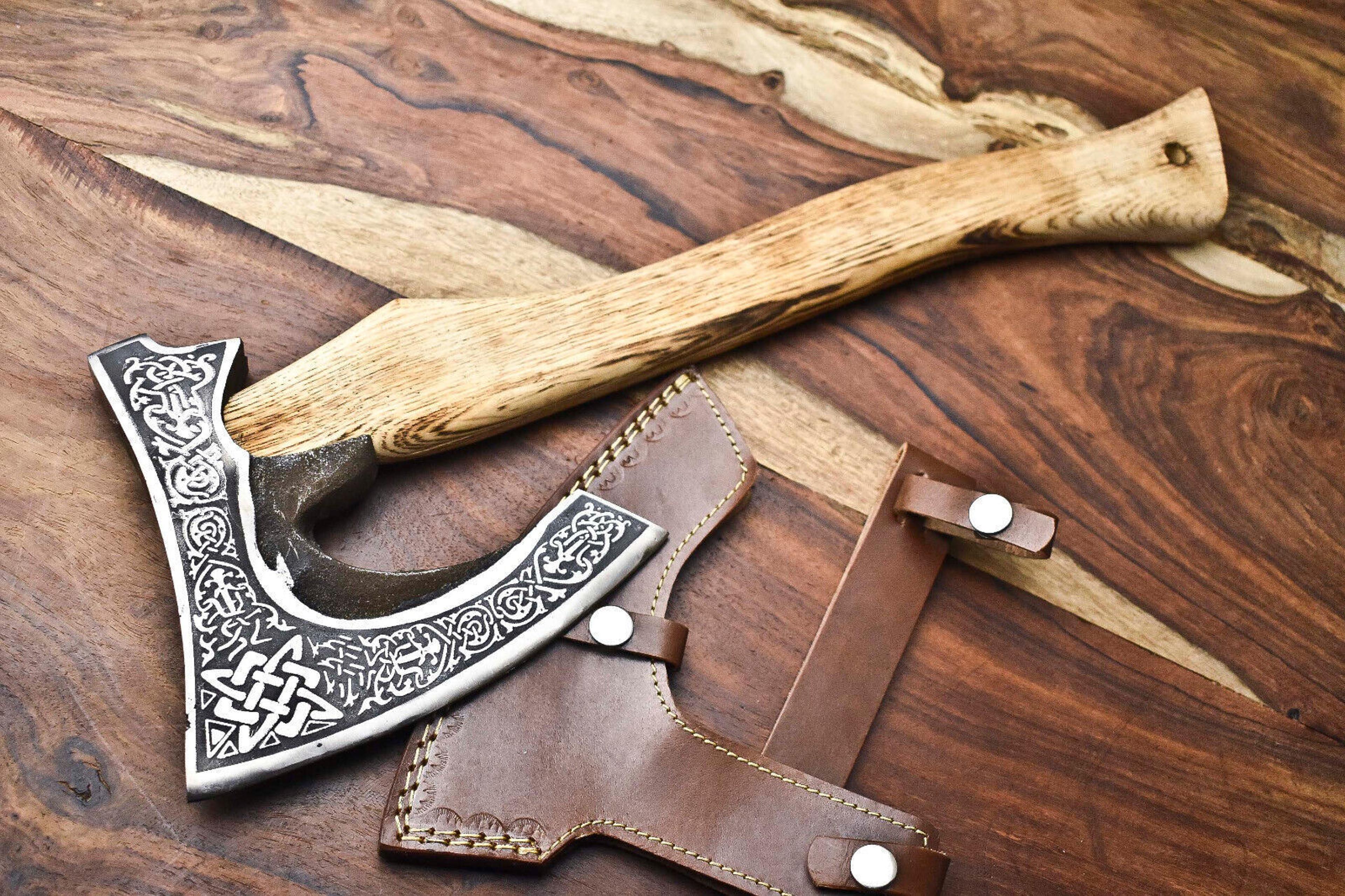 hand-forged carbon steel axe | acid etched head with cutting edge & hand-engraved ash wood handle | premium outdoor axe