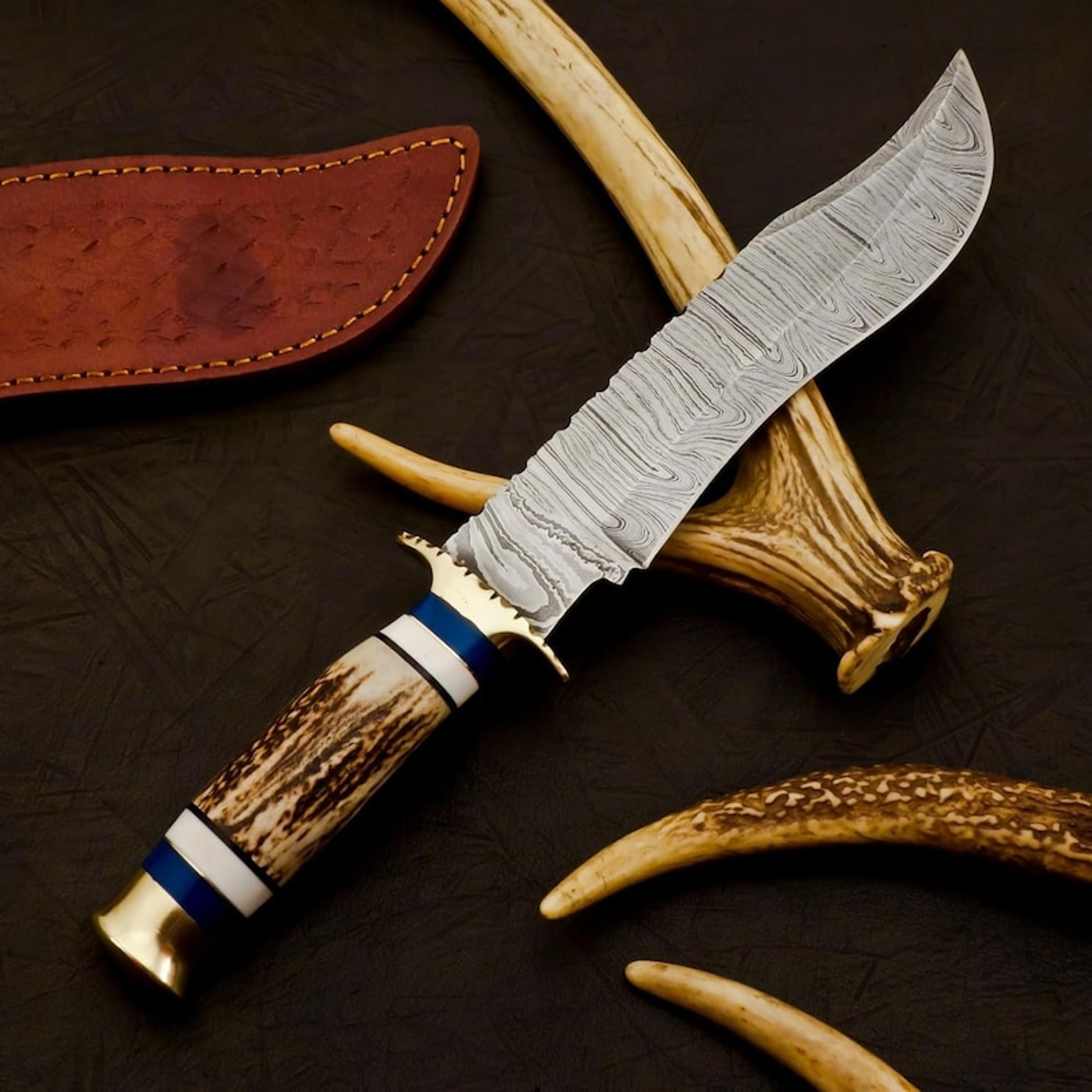damascus bowie - damascus steel with handmade forged technique - perfect for hunting - damascus knife with sheath