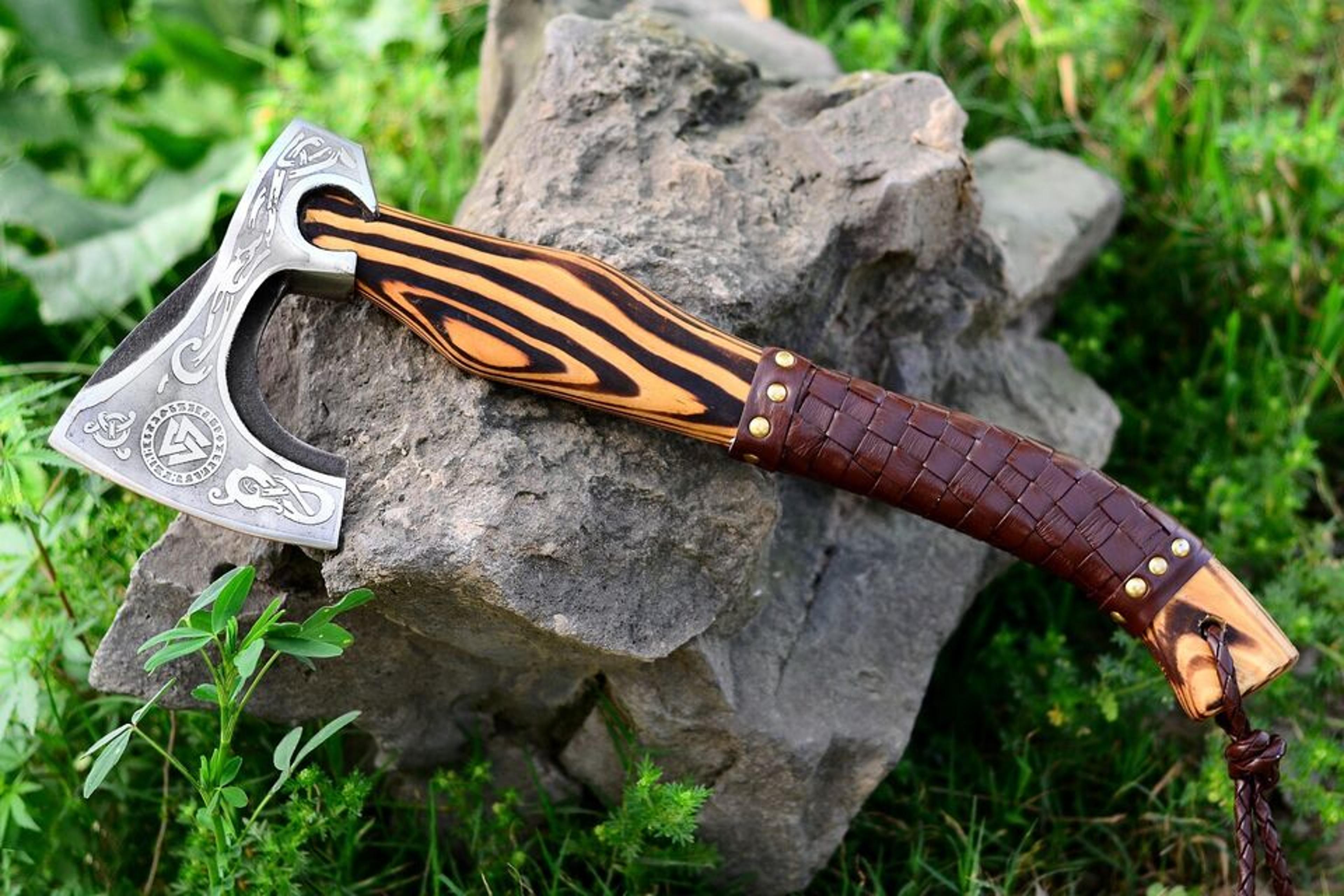 engraved viking axe | 20 inch hand-forged high carbon steel with hardwood handle & free leather sheath