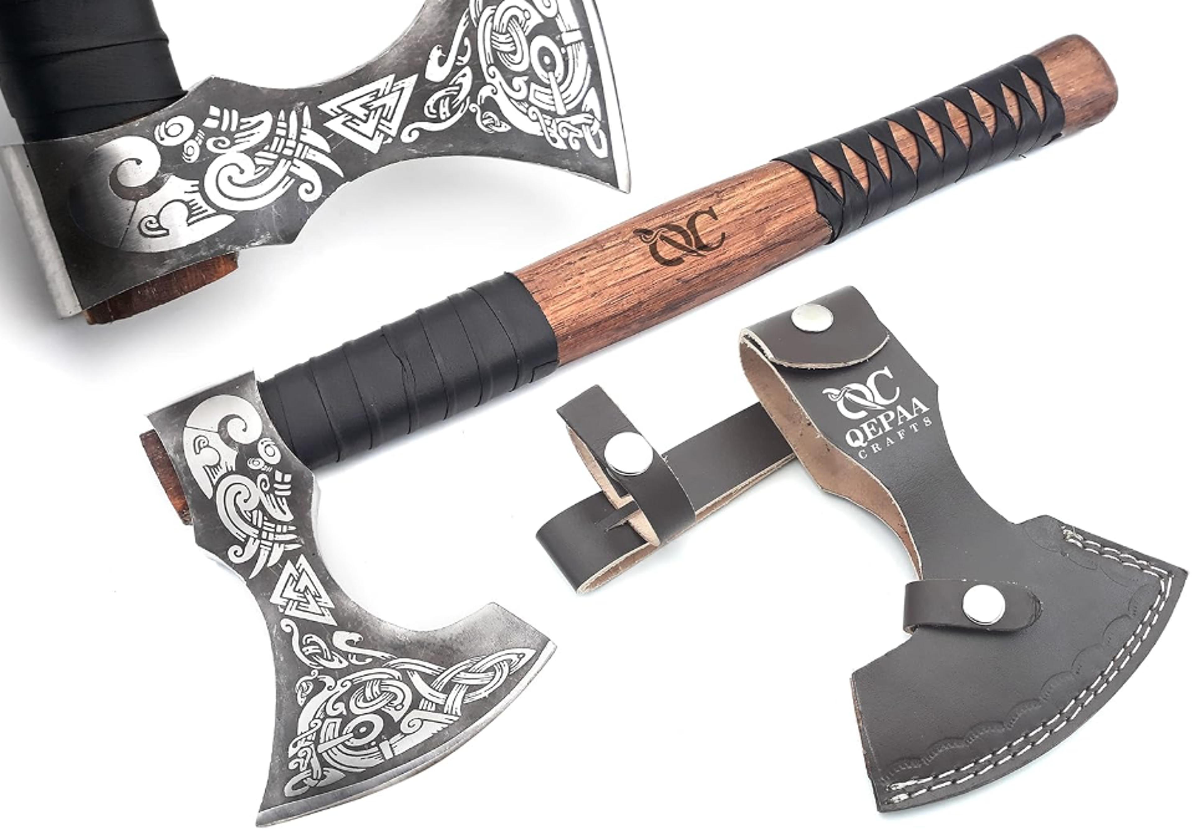 hand-forged high carbon steel viking axe | leather-wrapped ash wood handle | perfect anniversary gift