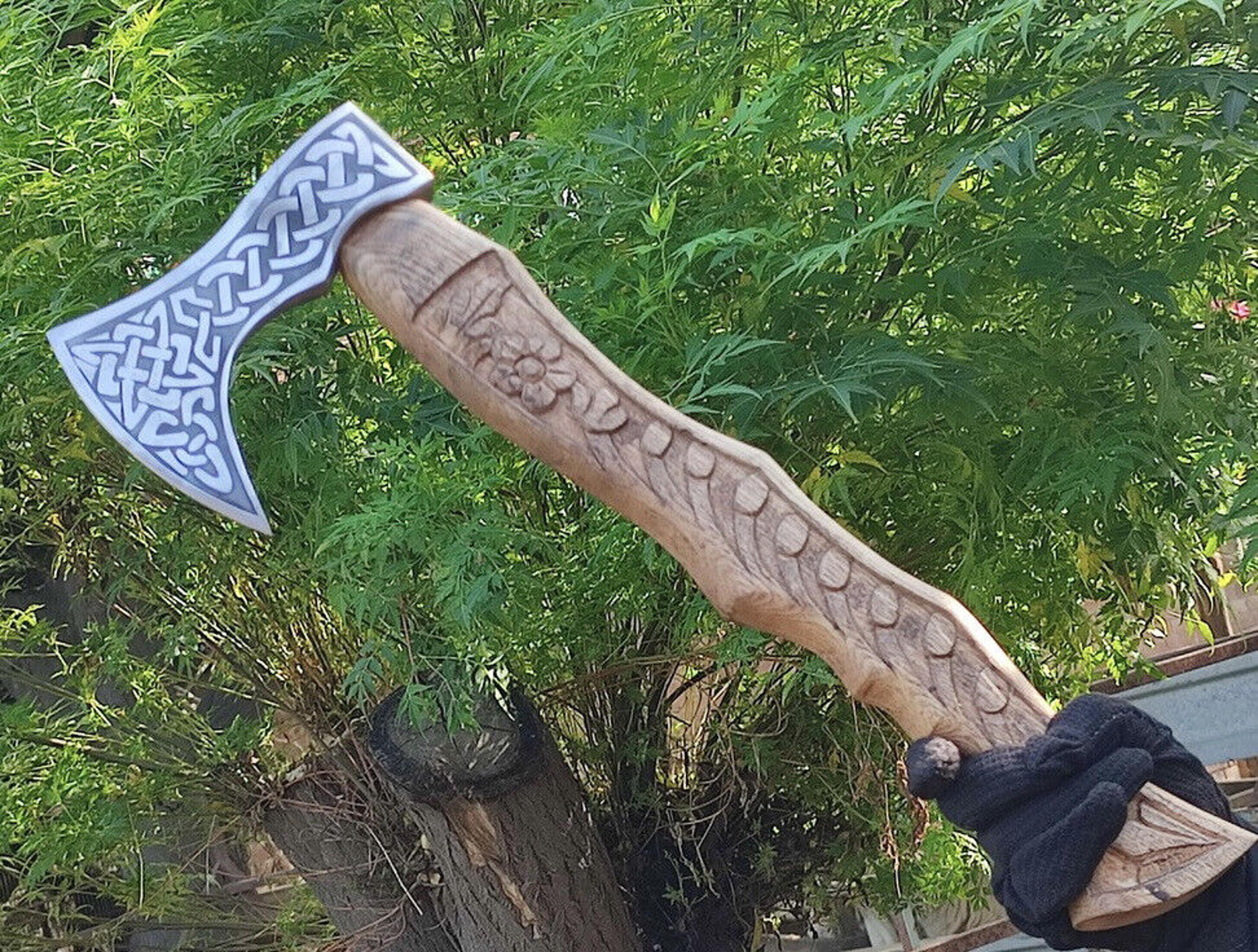 hand-forged high carbon steel viking axe | 19 leather-wrapped ash wood handle | perfect anniversary, wedding & birthday