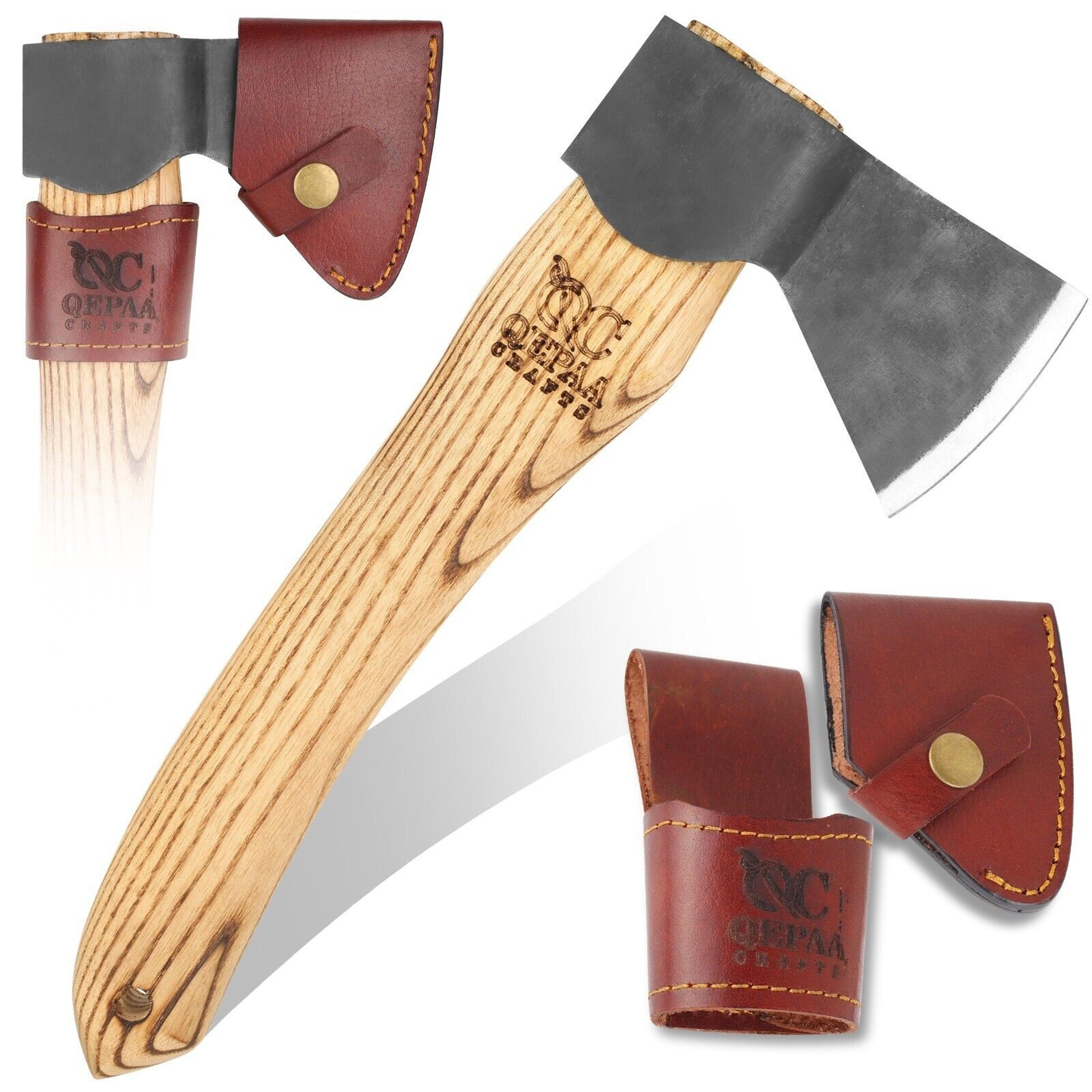 hand-forged viking bearded hatchet | 13 inch high carbon steel tomahawk axe with natural wood handle & leather sheath