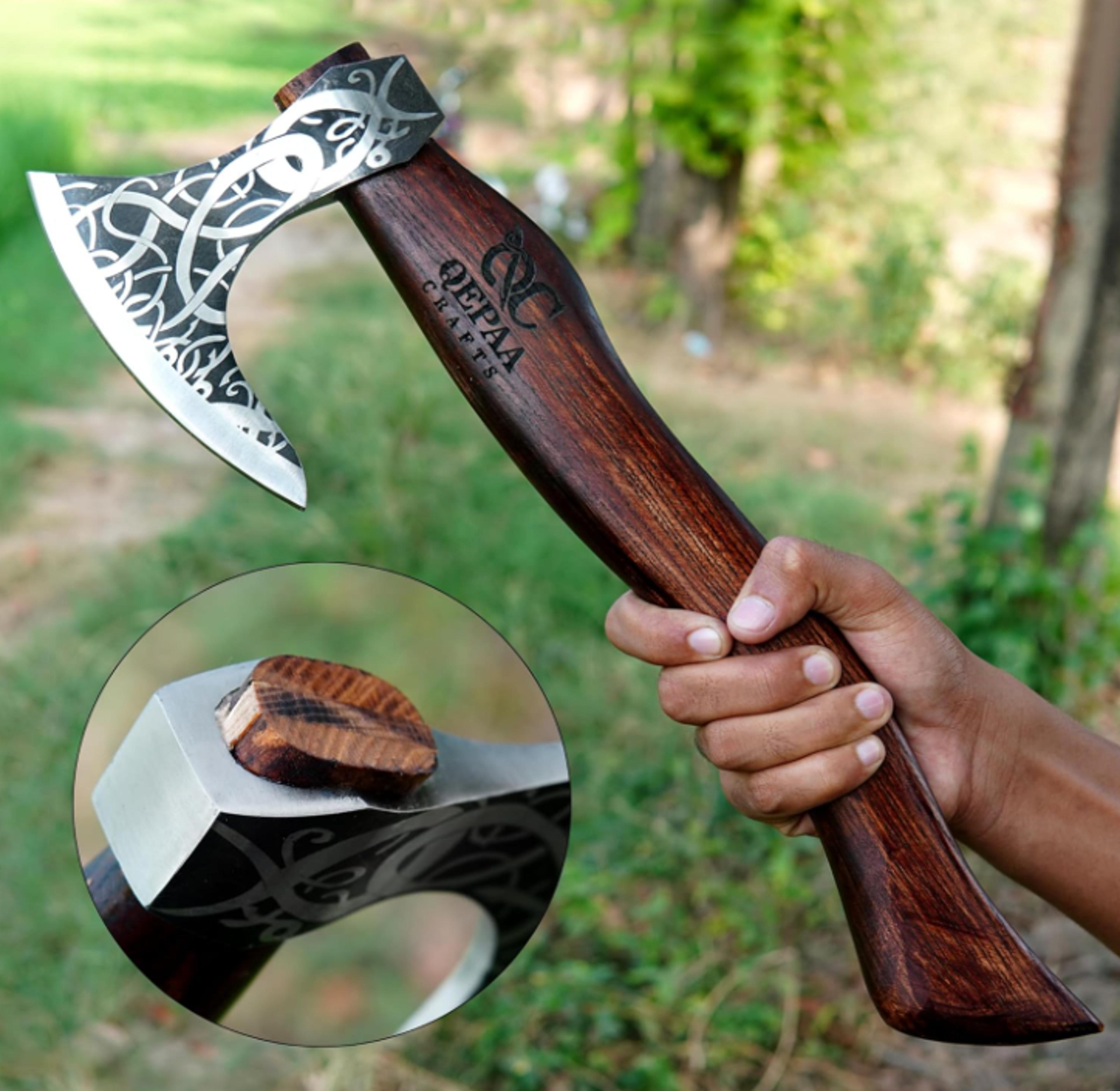 custom handmade engraved viking axe | 19 high carbon steel blade with 6 edge | includes free leather sheath