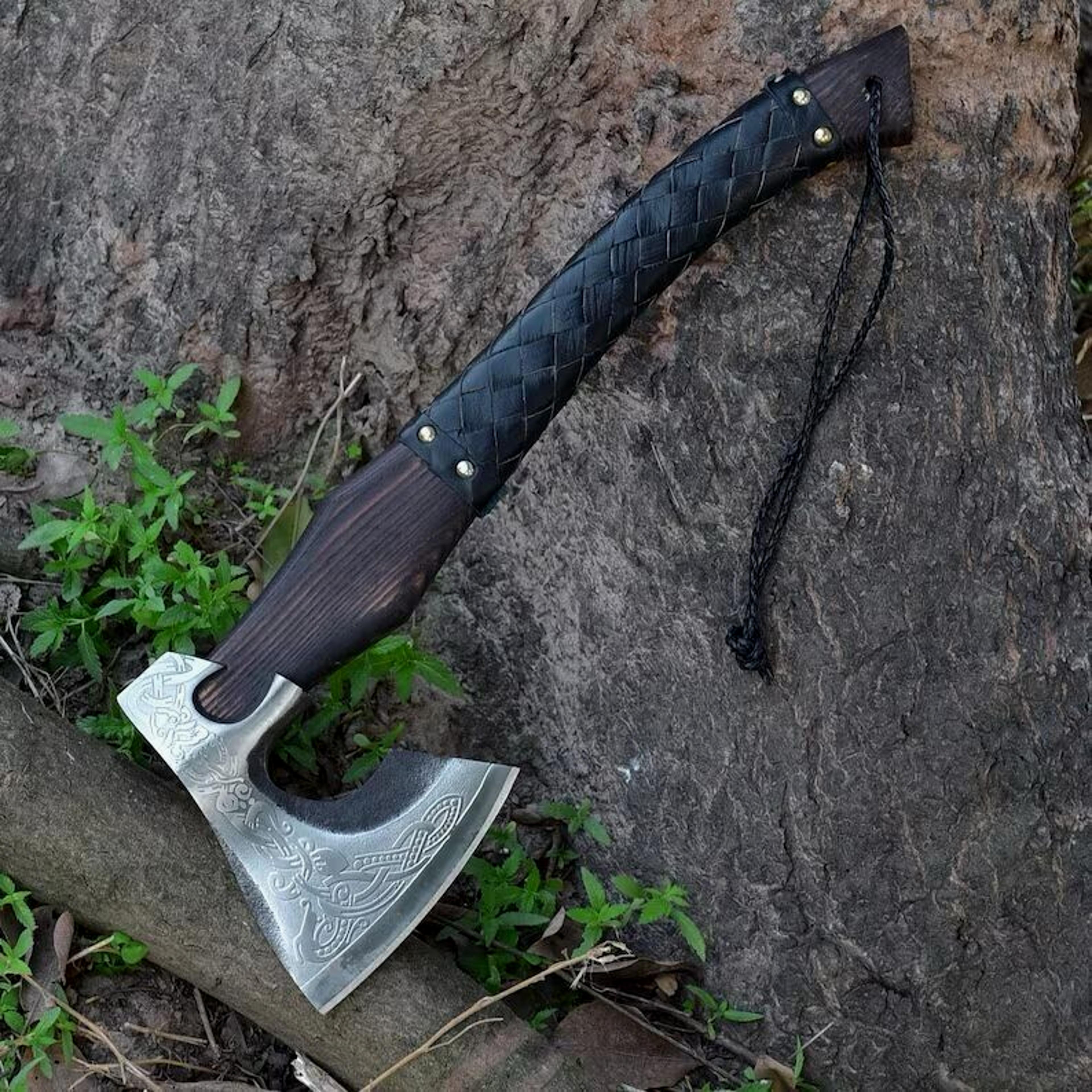 ragnar viking forged axe | 18 hand-forged bearded axe with fire pattern damascus blade | personalized carbon steel