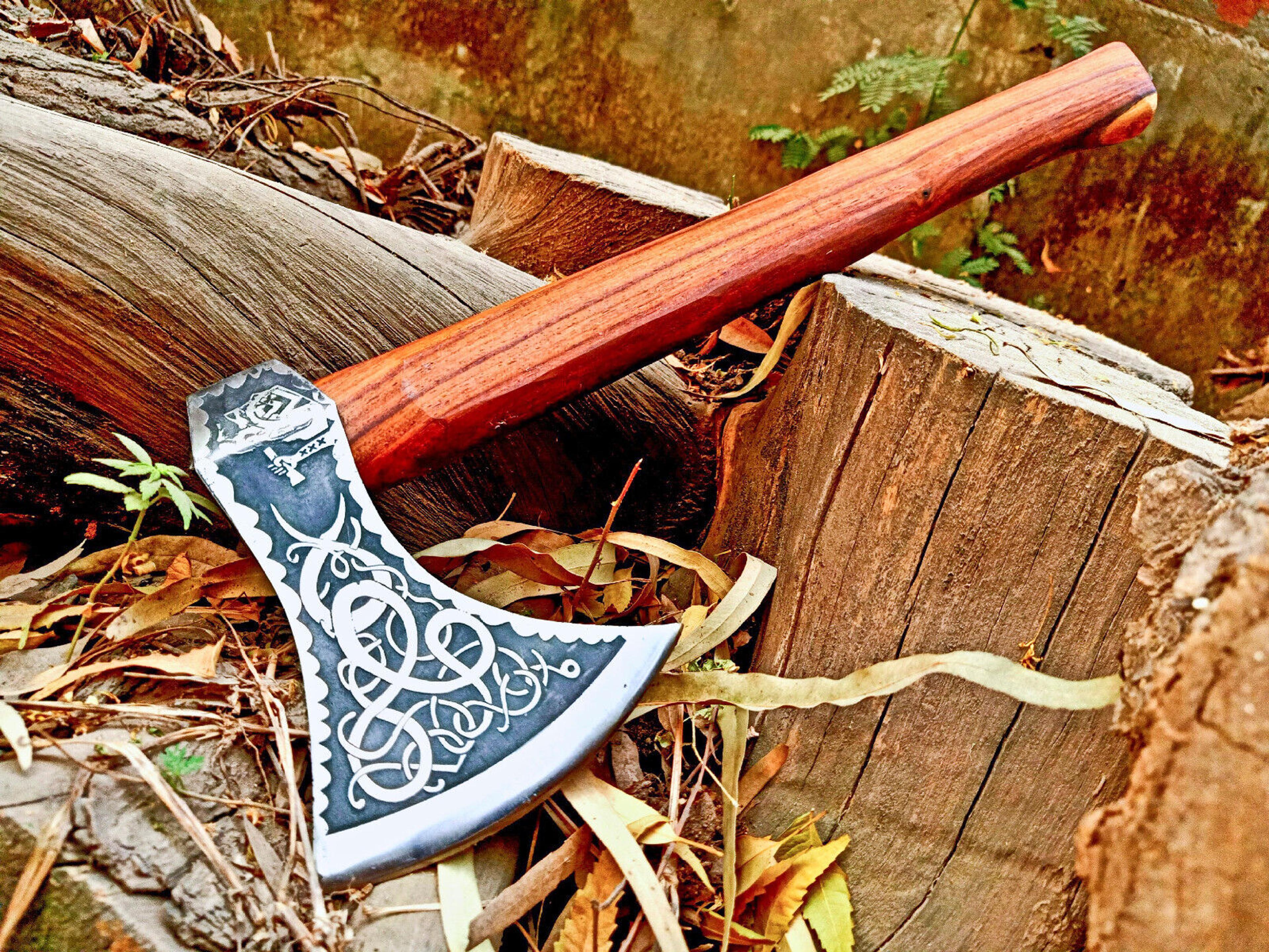 handmade carbon steel viking throwing axe | rare art axe with carved ashwood handle axe