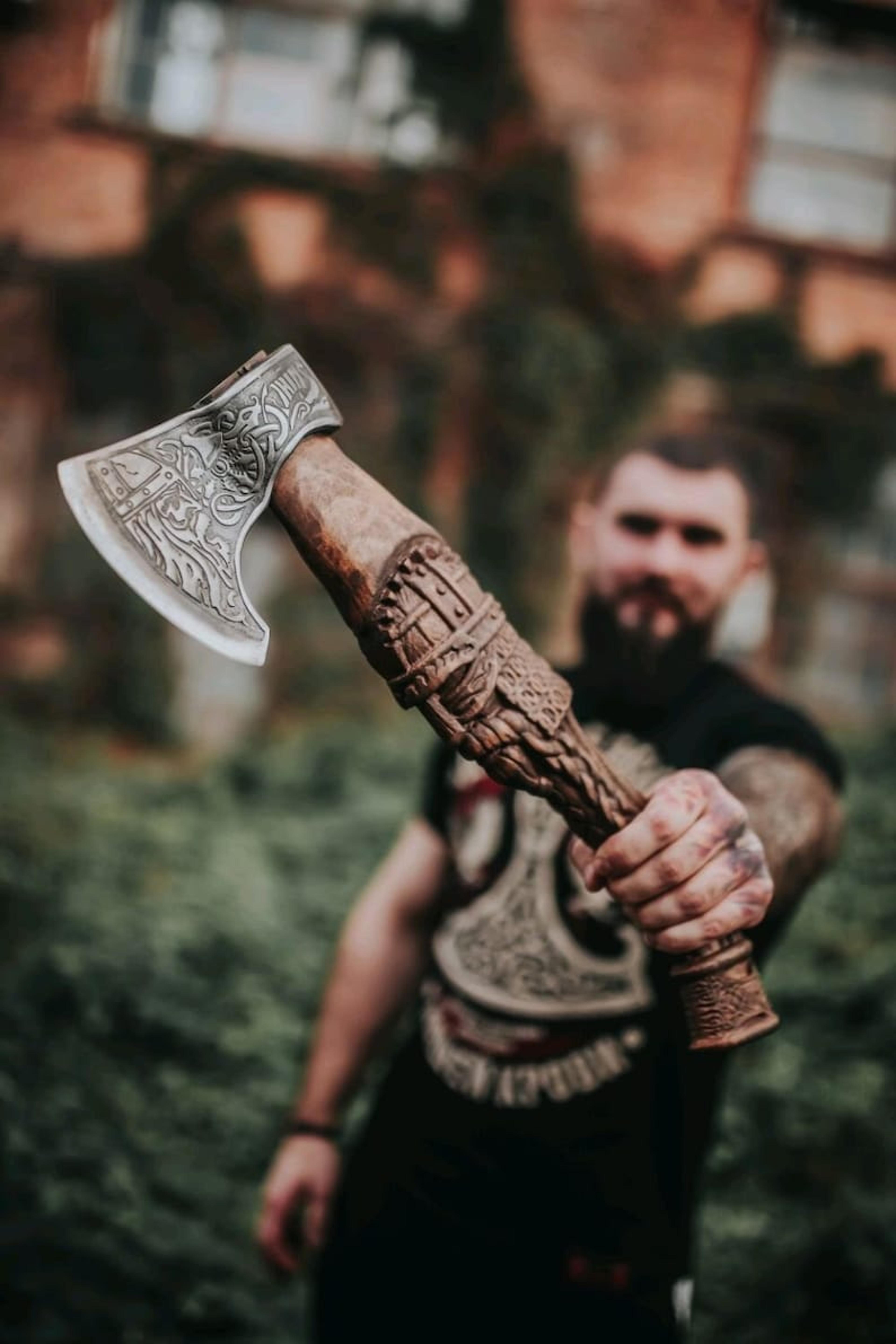 viking axe warrior sculpture handle hatchet forged carbon steel axe with wood shaft, viking warrior axe, anniversary gif